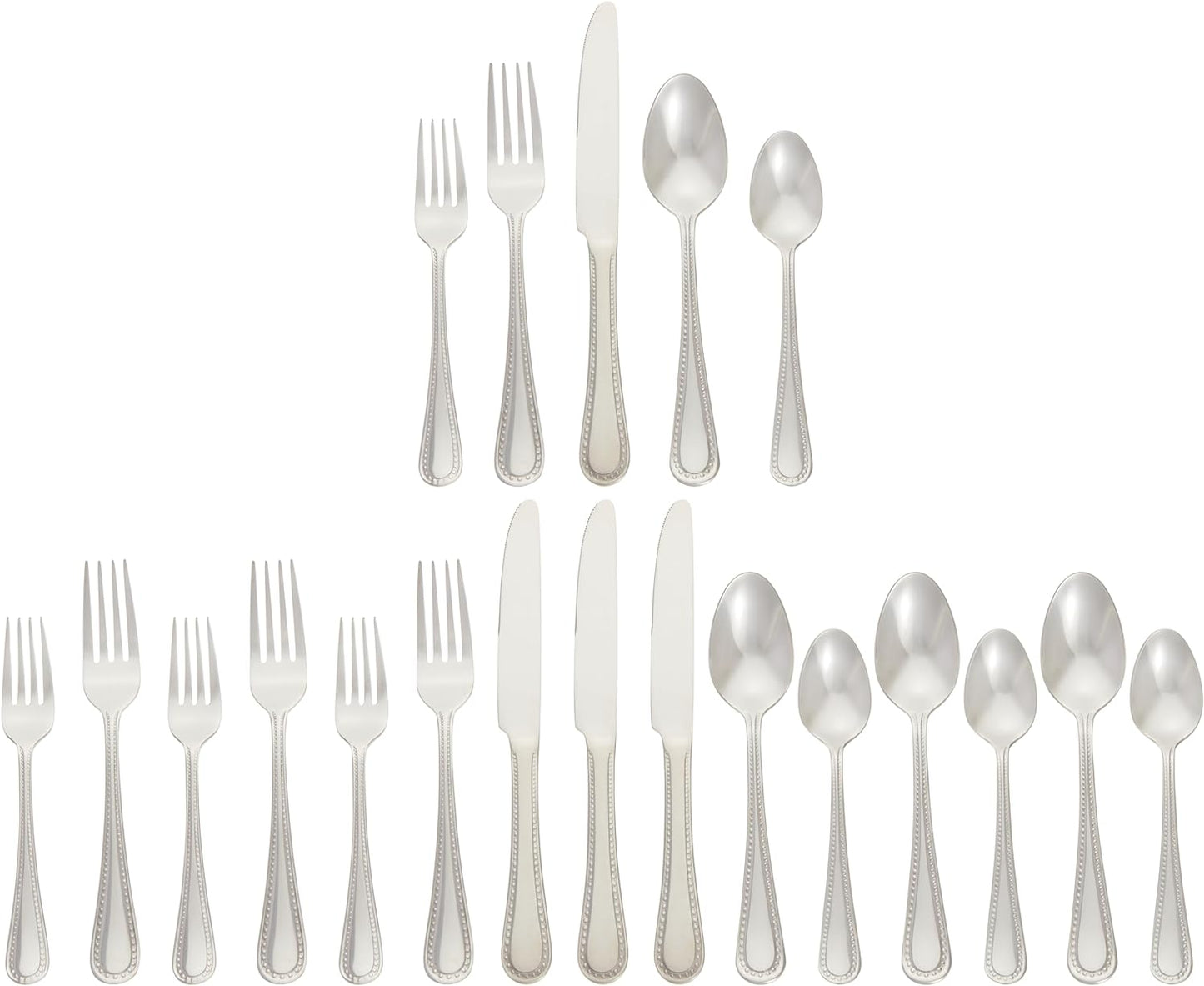 Amazon Basics Silverware Set, Stainless Steel Flatware, Dishwasher Safe, Service for 4, 20-Piece Forks and Spoons, Pearled Edge