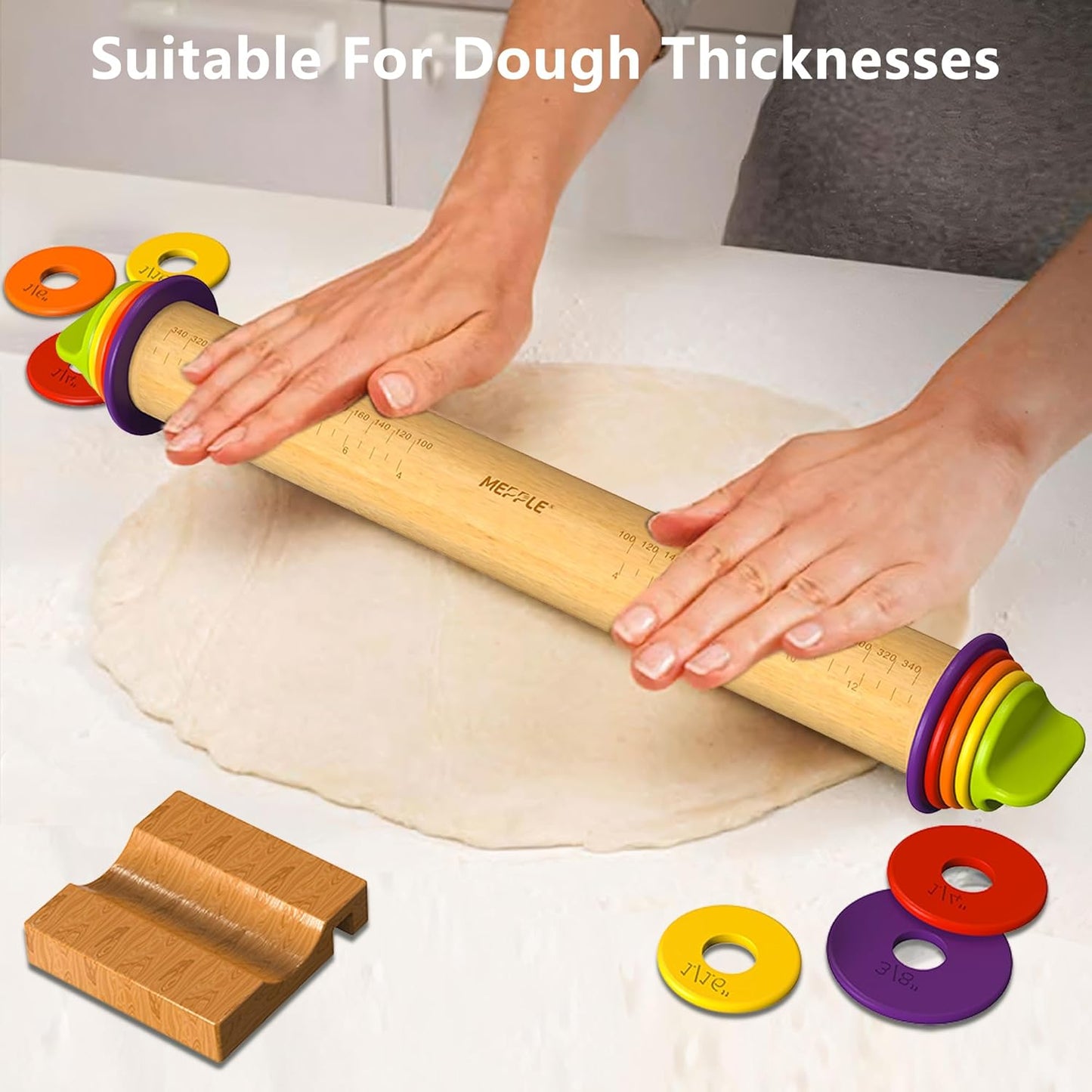 Rolling Pin with Thickness Rings and Pastry Baking Mat, 13.6" Adjustable Wooden Rolling Pin Dough Roller for Baking Cookie Pizza, Comes with Large Silicone Pastry Mat, Kitchen Baking Tools