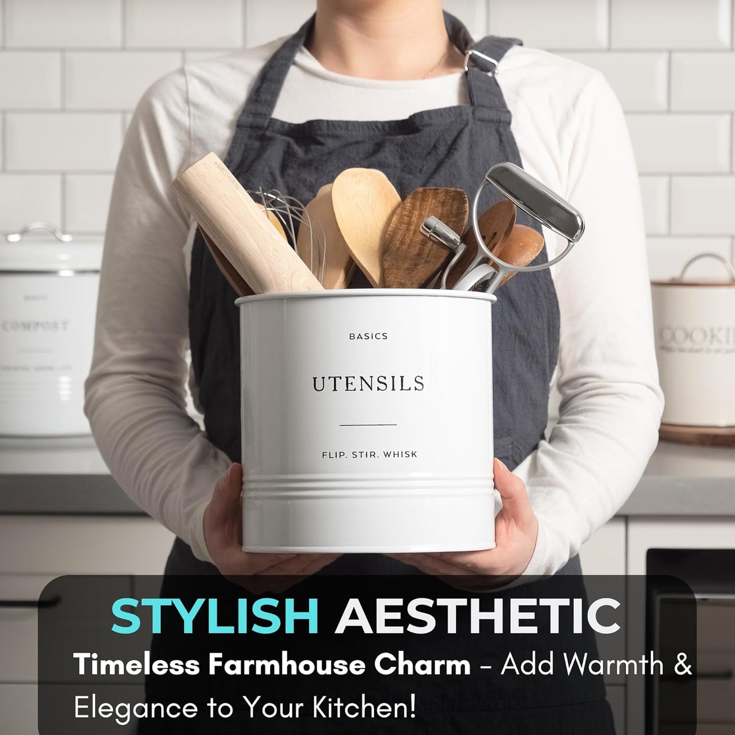 D'Lifeful Kitchen Utensil Holder for Countertop - 7" x 7" Large Utensil Holder for Kitchen Counter - Farmhouse Spatula & Cooking Tools Organizer - White Metal Crock for Modern Aesthetics