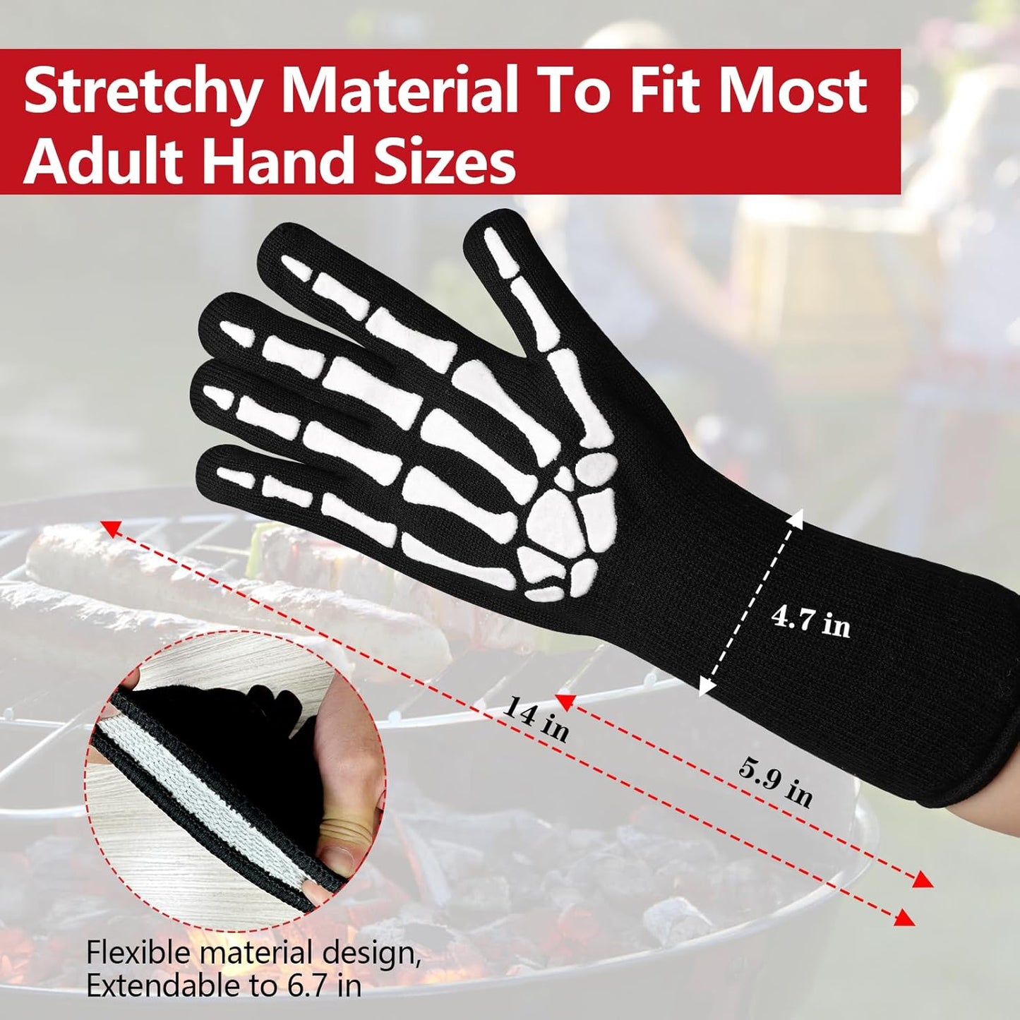 UBeesize Lengthen BBQ Gloves (Skeleton), 1472°F Heat Resistant Grill Glove, 14 inch Fireproof Oven Gloves for Cooking, Non-Slip Fire Glove for Grilling, Barbecue, Smoker, Baking, Frying