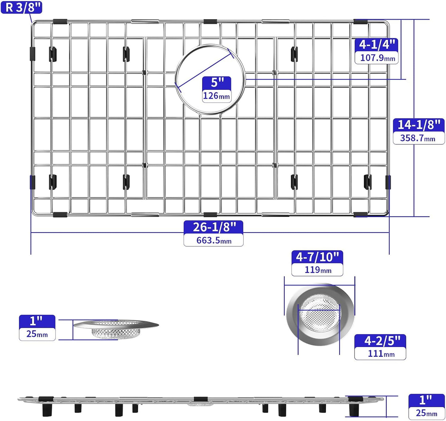 Sink Protectors for Kitchen Sink, Sink Grate Grid for Bottom of Sink, Metal Sink Rack, Bottom Basin Rack, Stainless Steel, 26-1/8" x 14-1/8"