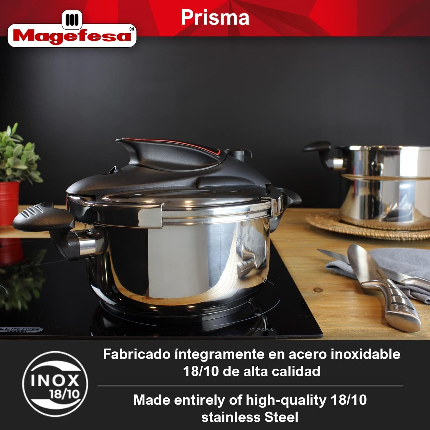 MAGEFESA Prisma Pressure Cooker, 4.2+6.3 Qt, 18/10 Stainless Steel, Easy Lock, Induction Compatible, 5 Safety Systems, 11.6 PSI