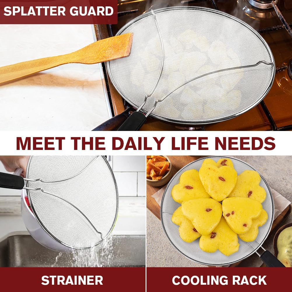 Splatter Screen for Frying Pan & Food Strainer,13 Inch Stainless Steel Grease Splatter Guard,Shield from Splashing Oil, Dishwasher Safe(Black)