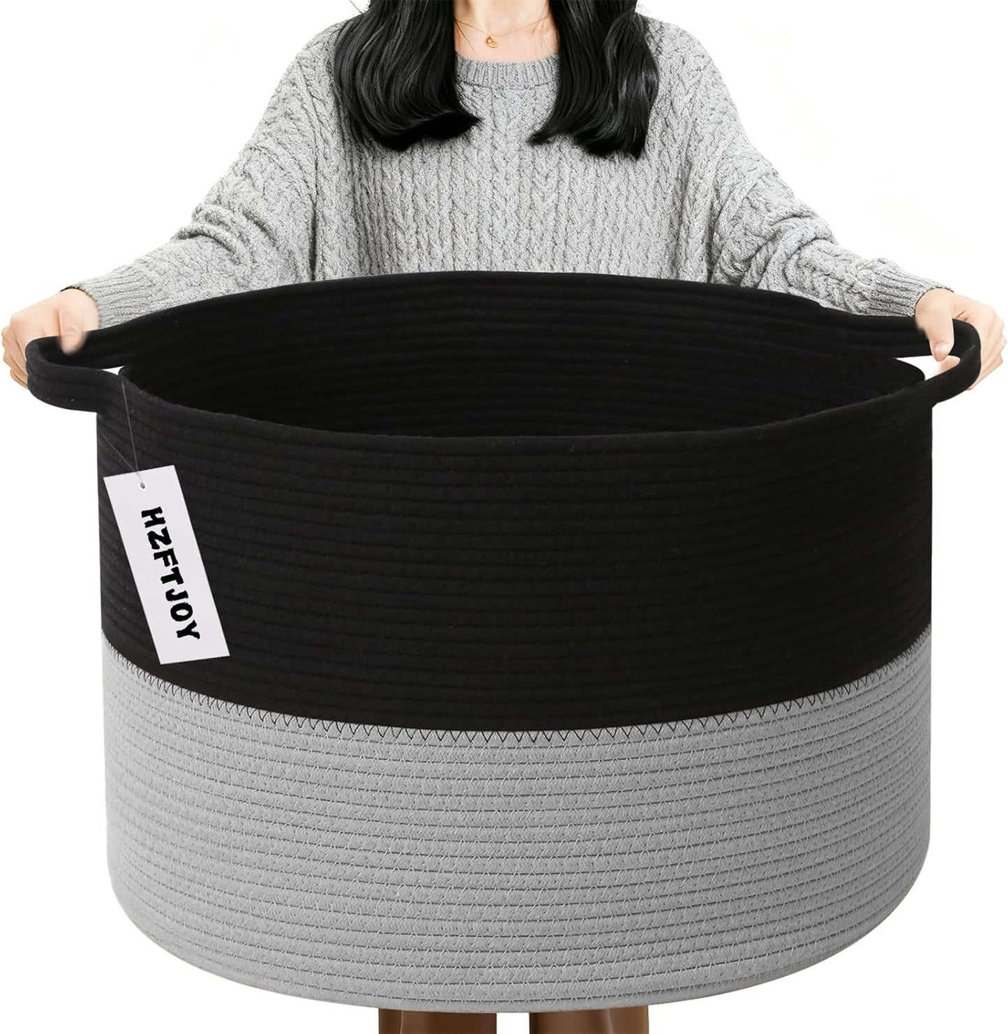 Large Blanket Basket for Organizing,115L Closet Organizers and Storage Bins Box for Shelves Woven Rope Storage Baskets,Living Room,Bedroom,Dorm,Laundry room (Black&Light Grey)