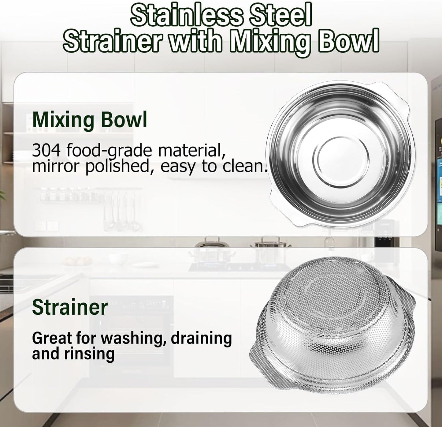 Extra Large 5.5QT Stainless Steel Colander, Large Capacity Rice Colander with Mixing Bowl, Rice Strainer for Vegetables, Fruit, Spaghetti, Pasta Strainer, Dishwasher Safe(2PC)