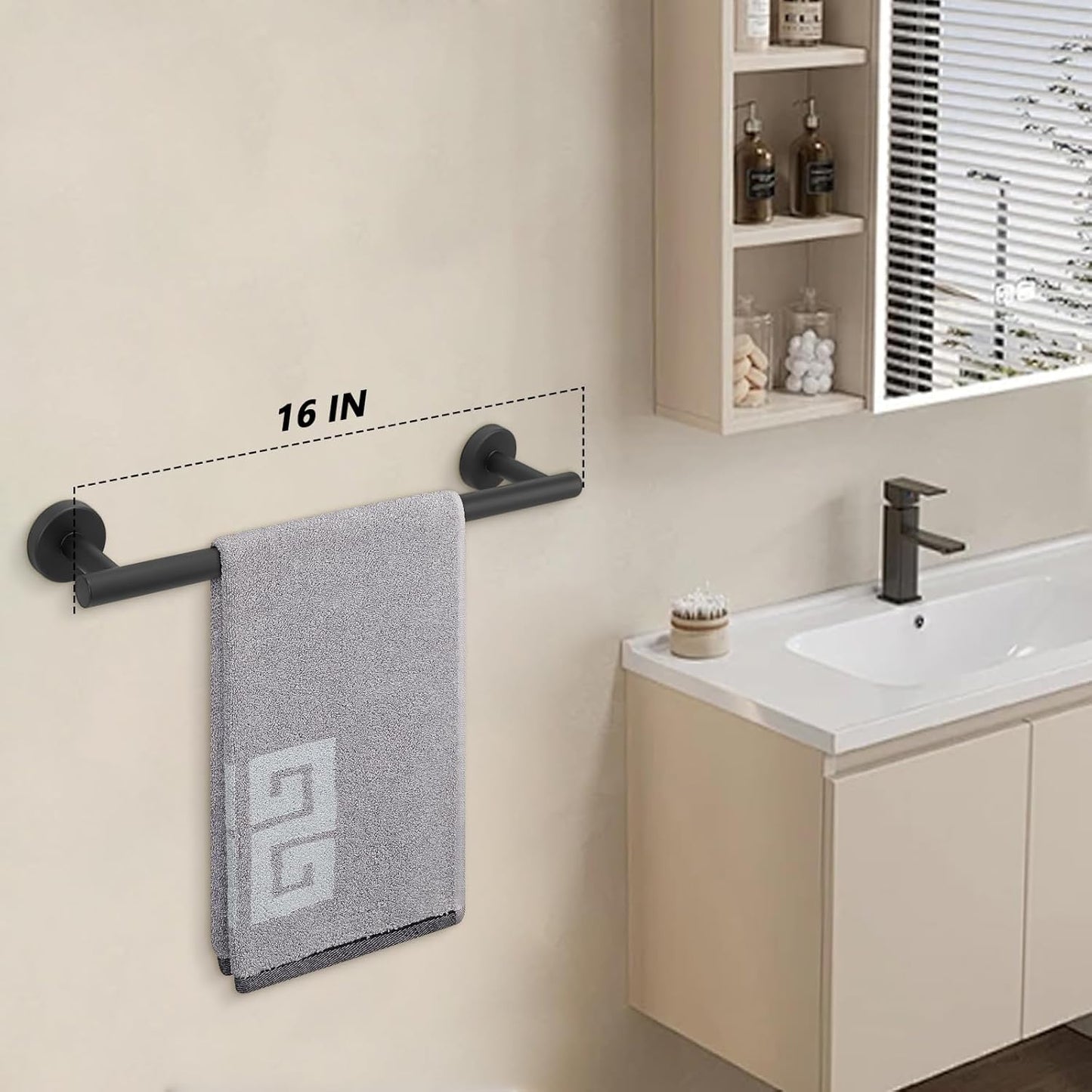 NearMoon Bath Towel Bar, Bath Accessories Thicken Stainless Steel Shower Towel Rack for Bathroom, Towel Holder Wall Mounted (1 Pack, Matte Black, 16 Inch)