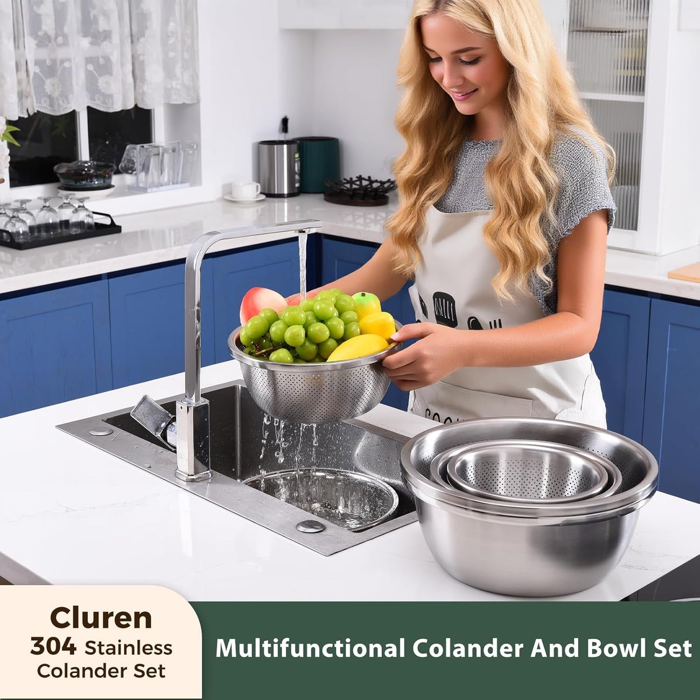 Colander and Bowl Set 3.1QT (2-in-1) - Thickened 304 Stainless Steel Kitchen Strainer Bowl for Fruit, Pasta, Vegetables, Rice - Heavy Duty, Induction Cooker & Dishwasher Safe