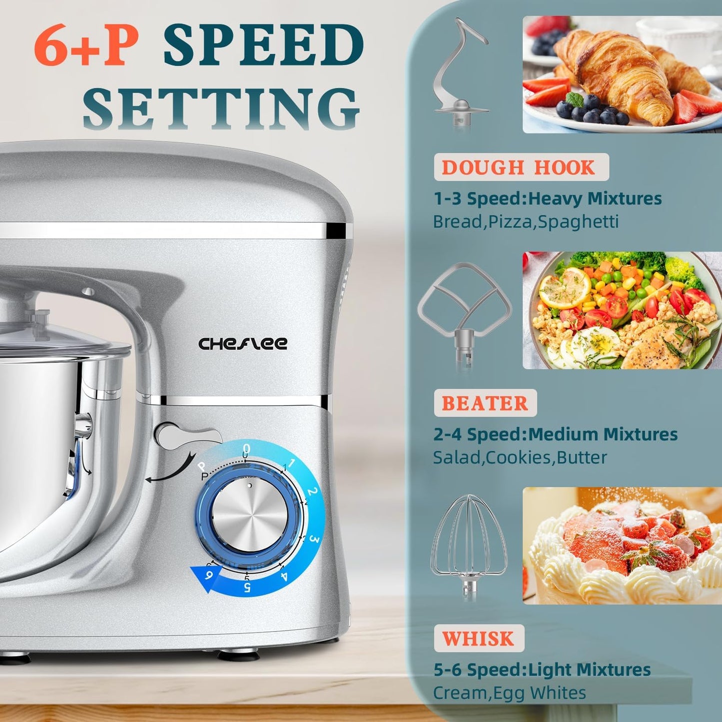 CHeflee Stand Mixer,600W 6+P With 6.5QT Stainless Steel Bowl,Dough Hook, Wire Whip & Beater,for Most Home Cooks,Silver
