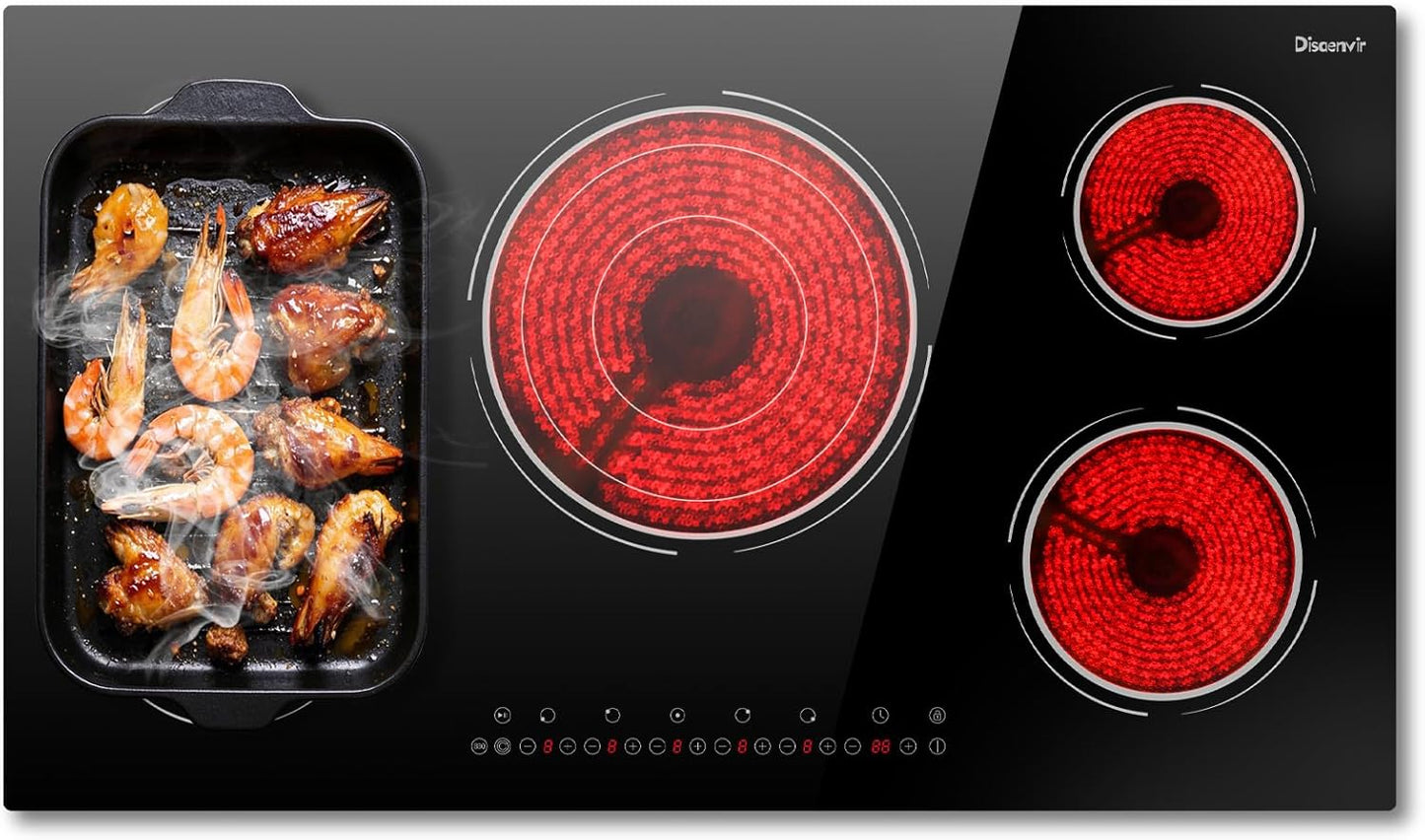 36 Inch Electric Cooktop - 5 Burner Electric Stove Top Powerful 9600W, 36 Inches Built-in Ceramic Stove with Large 3900W Flexible Zone, Timer, Safety Lock, 220V - 240V Hard Wired (No Plug)