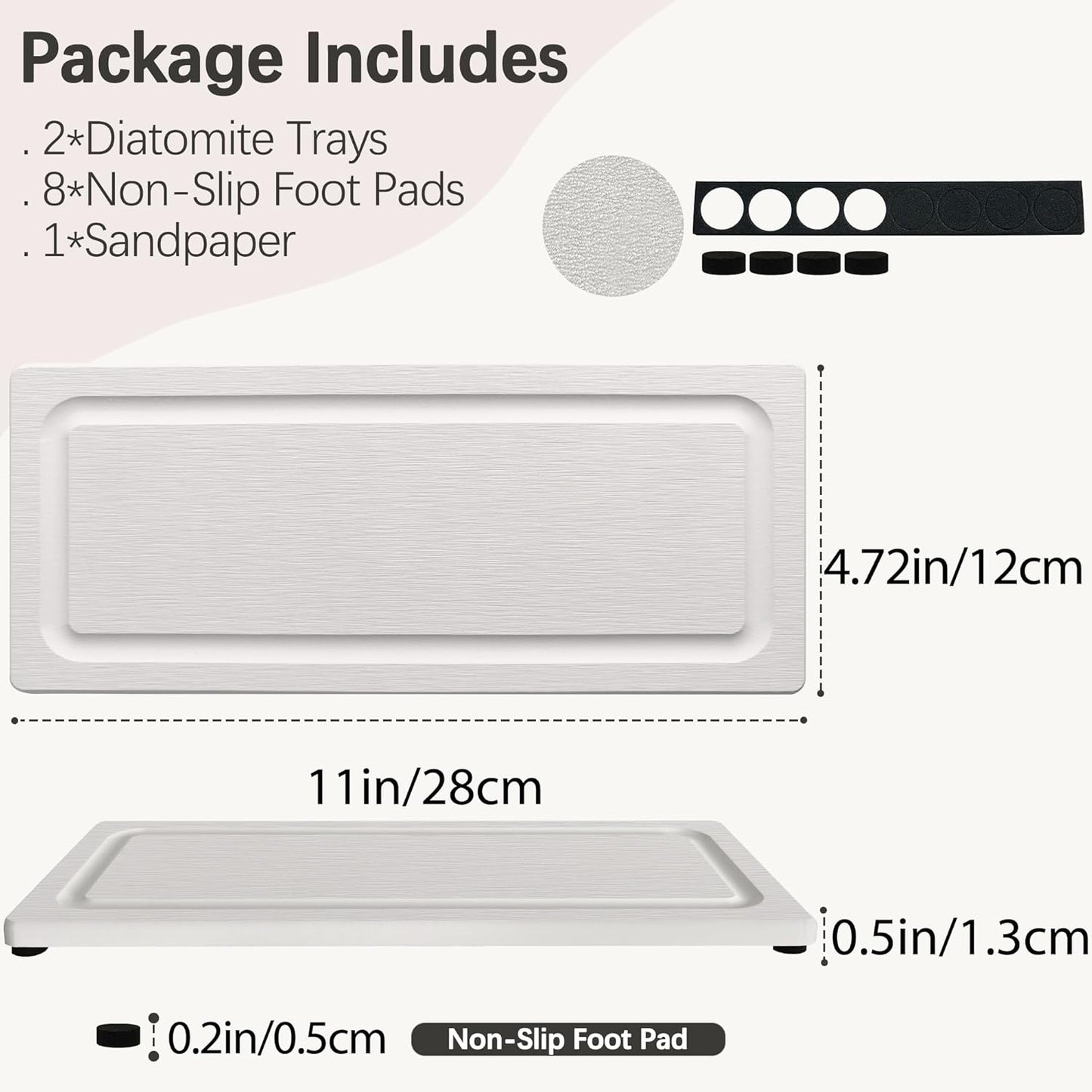 2 PCS Fast-Drying Stone Trays for Bathroom Sink & Kitchen Counter, Water Absorbing Diatomite Sink Coasters, Vanity Tray, Hand Soap Holder with Anti-Skid Pads (11" x 4.7" White)