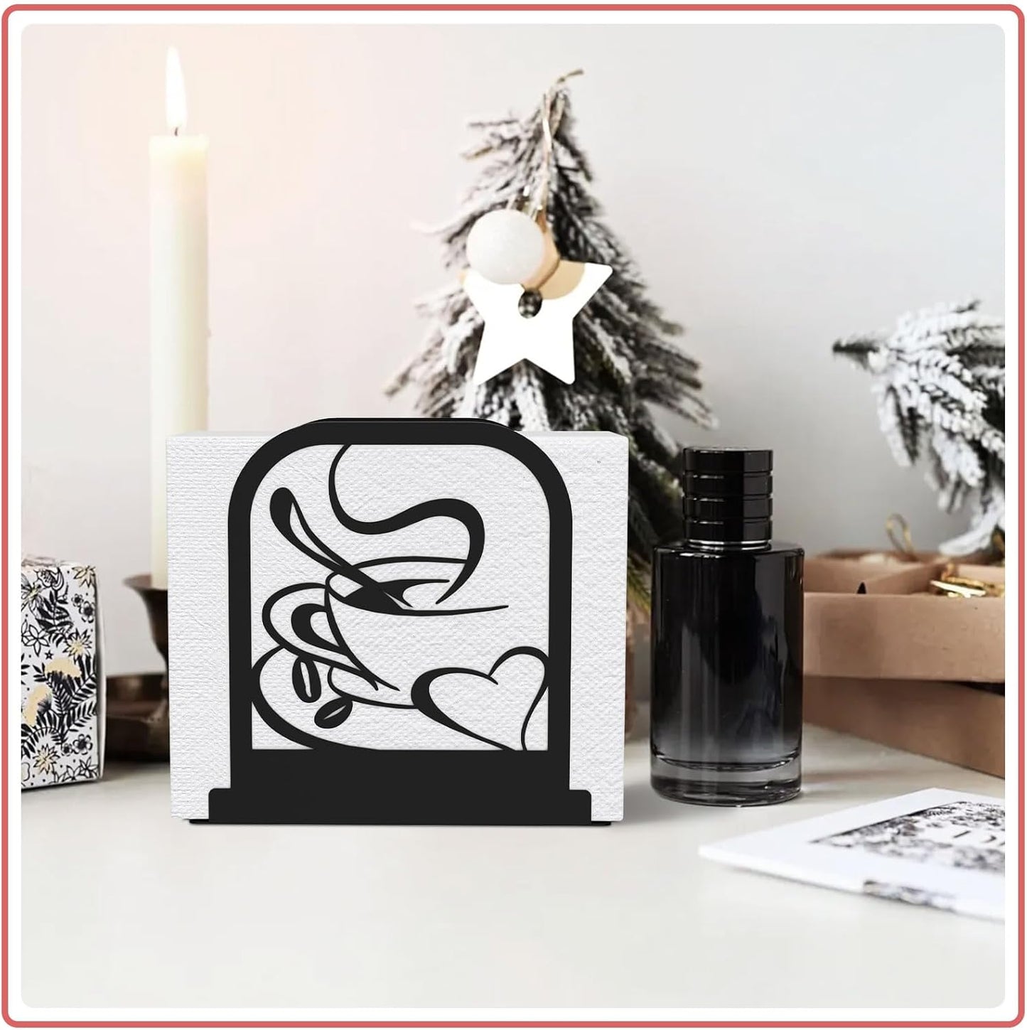 Modern Standing Napkin Holder for table, Black Metal Napkin Dispenser, Coffee time Theme Style Napkin Holder, Suitable for Kitchen, Coffee Shop, Dining Room