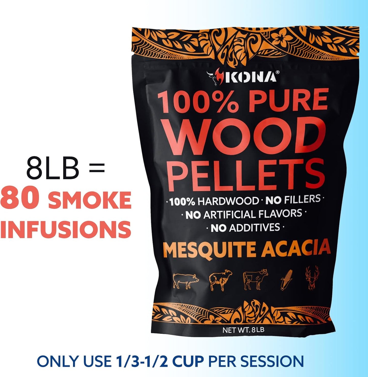 Kona 100% Mesquite Acacia Wood Pellets - Concentrated, Pure, Old Growth Hardwood Grilling Pellets - for BBQ, Smoker Tubes, Grills - 8 lbs 100% Mesquite Acacia Bold Red Meat Smoke