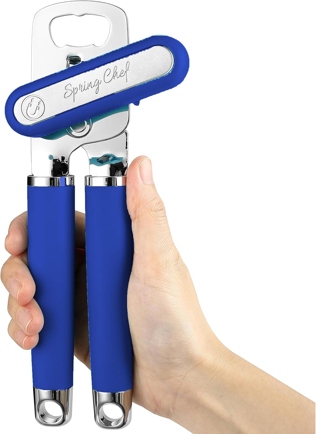 Spring Chef Stainless Steel Can Opener - Manual with Soft Grip Handles, Easy Turn, Heavy Duty Hand Can Openers for Seniors with Smooth Edge - Magnetic Lid Remover - Sapphire