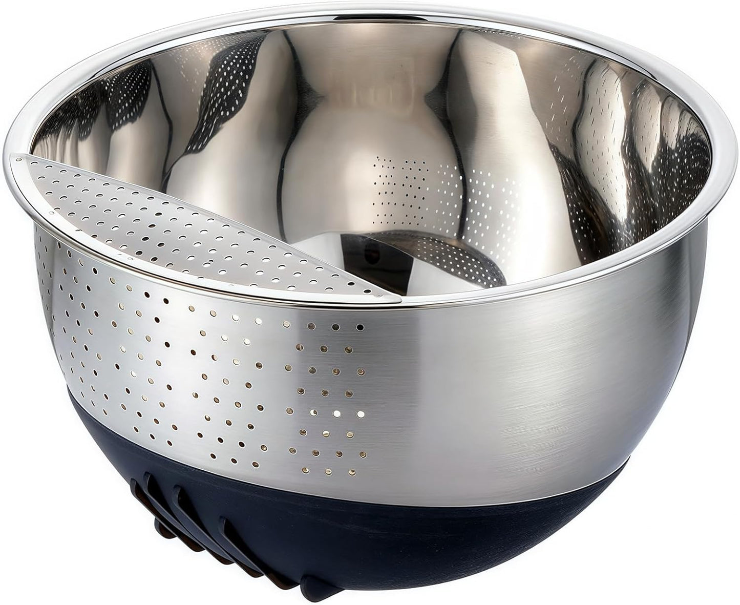 Rice Washer Strainer Bowl Quinoa Washing Bowl Stainless Steel Colander Versatile Side Drainers for Cleaning Rinsing Fruits, Vegetables, and Beans - Tilting Non-slip Silicone Bottom