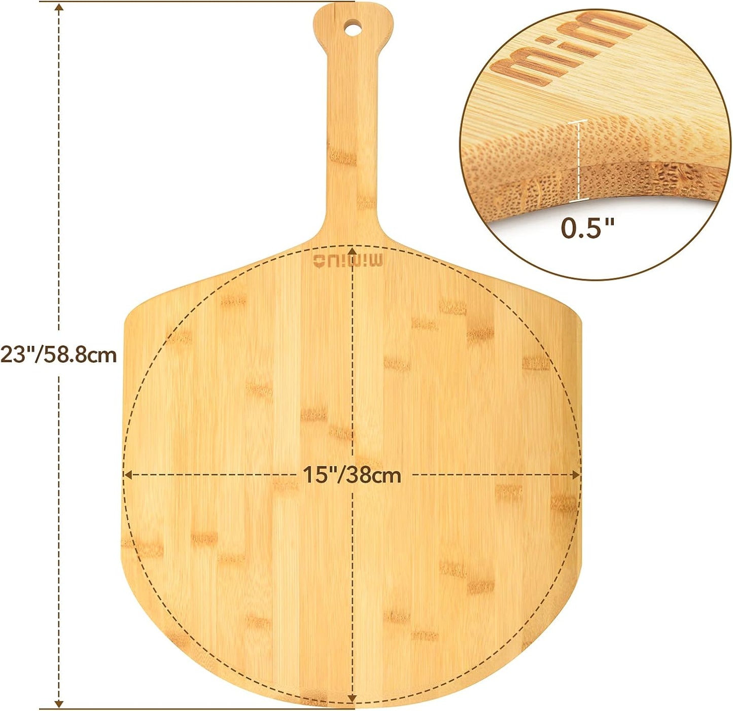 Mimiuo Natural Bamboo Pizza Peel - 15 Inch Wooden Pizza Spatula for Baking Homemade Pizza Bread and Cutting Fruit Vegs