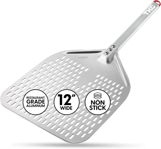 TKC Perforated Pizza Peel 12 Inch - Long Handle Perforated Aluminum Pizza Paddle - Lightweight Pizza Turning Peel Spatula - Compatible with all Ooni Pizza Ovens - 26 Inch Overall Length (Silver/Gray)