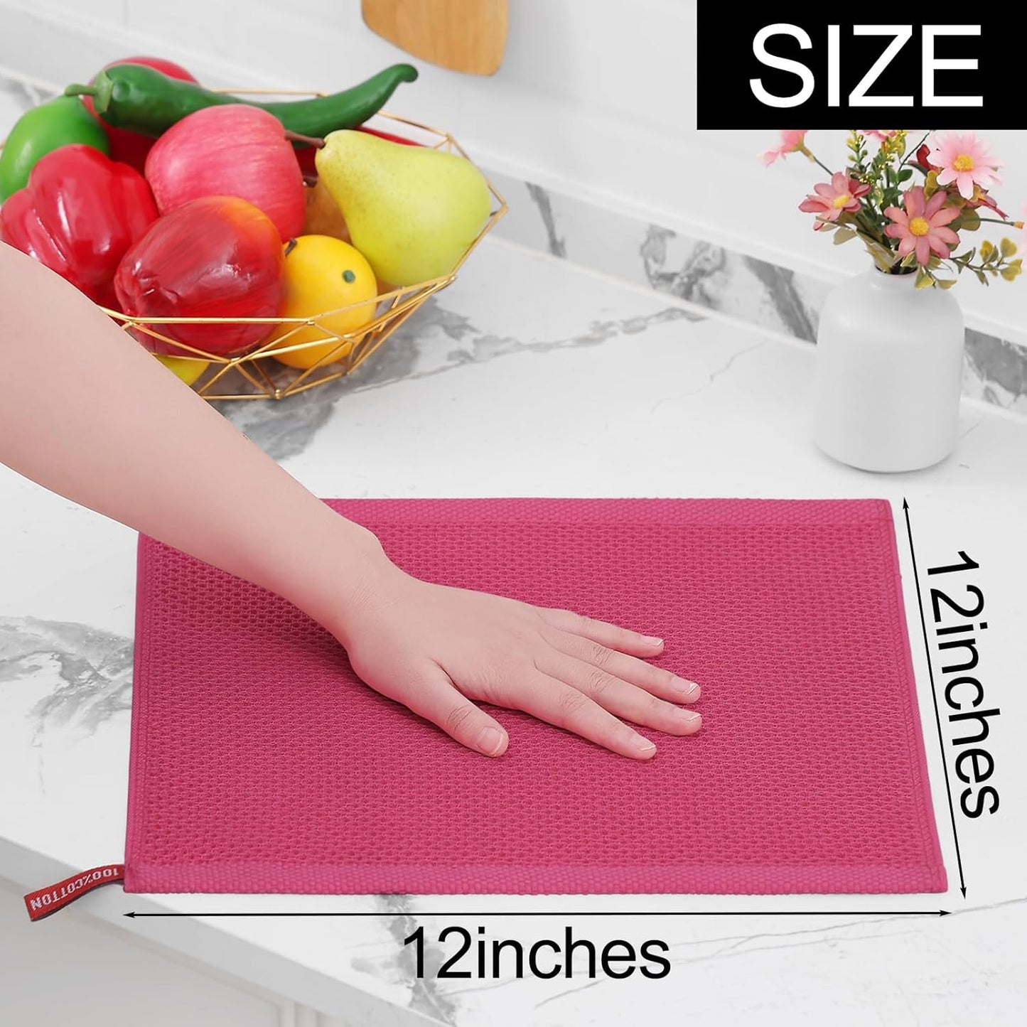 Homaxy 100% Cotton Waffle Weave Kitchen Dish Cloths, Ultra Soft Absorbent Quick Drying Dish Towels, 12 x 12 Inches, 8-Pack, Hot Pink