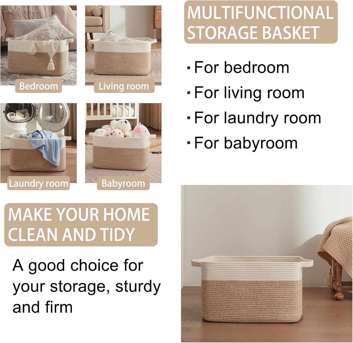 OIAHOMY 65L Blanket Basket, Cotton Rope Woven Blanket storage for Living Room, Rectangle Woven Baskets for Storage, 20''×16''×12'', Brown and White