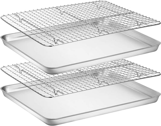 Baking Sheet with Rack Set [2 Pans + 2 Racks], Wildone Stainless Steel Cookie Sheet Baking Pan Tray with Cooling Rack, Size 16 x 12 x 1 Inch, Non Toxic & Heavy Duty & Easy Clean
