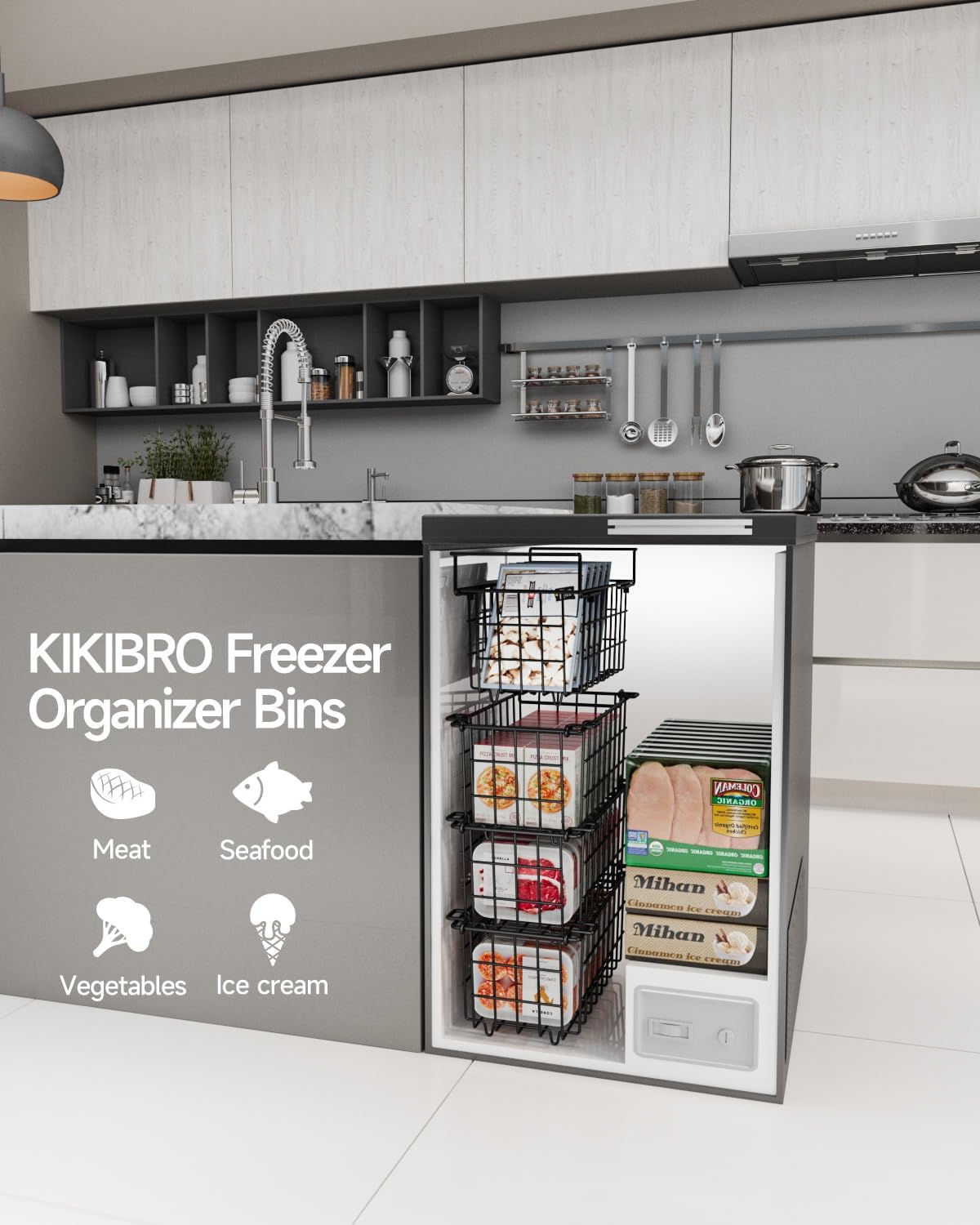 Stackable Freezer Organizer - Expandable Bin*1 + Stackable Bins*3 for Chest & Upright Freezers