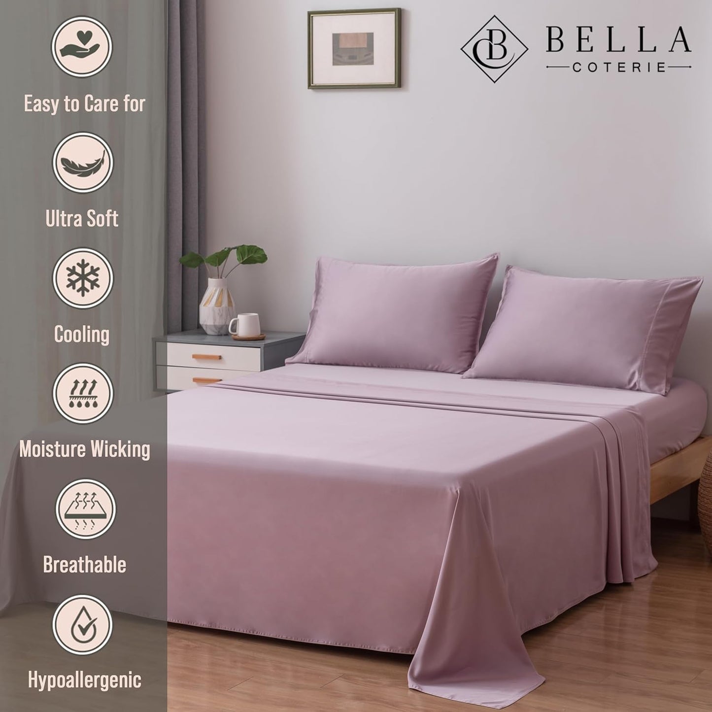 Bella Coterie Luxury Bamboo Viscose Split King Size Sheet Set | 100% Organically Grown | Ultra Soft | Cooling for Hot Sleepers | 18" Deep Pocket [Lilac]