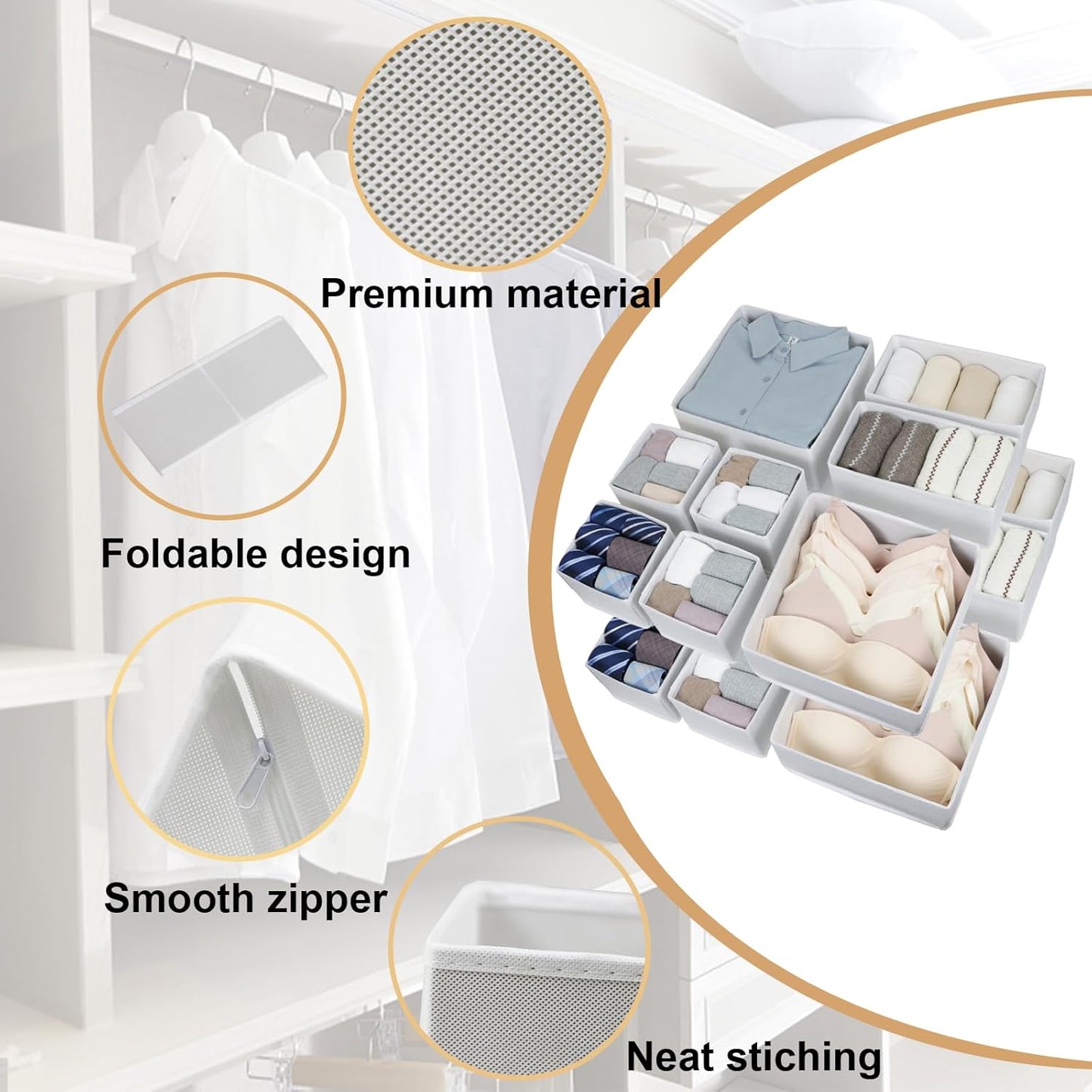 16 Pcs Drawer Organizer,Fabric Closet Organizer and Storage Baskets,Foldable Drawer Divider for Clothing,Sock,Ties,Underwear Drawer Organizers,Cabinet Storage Boxes (White)