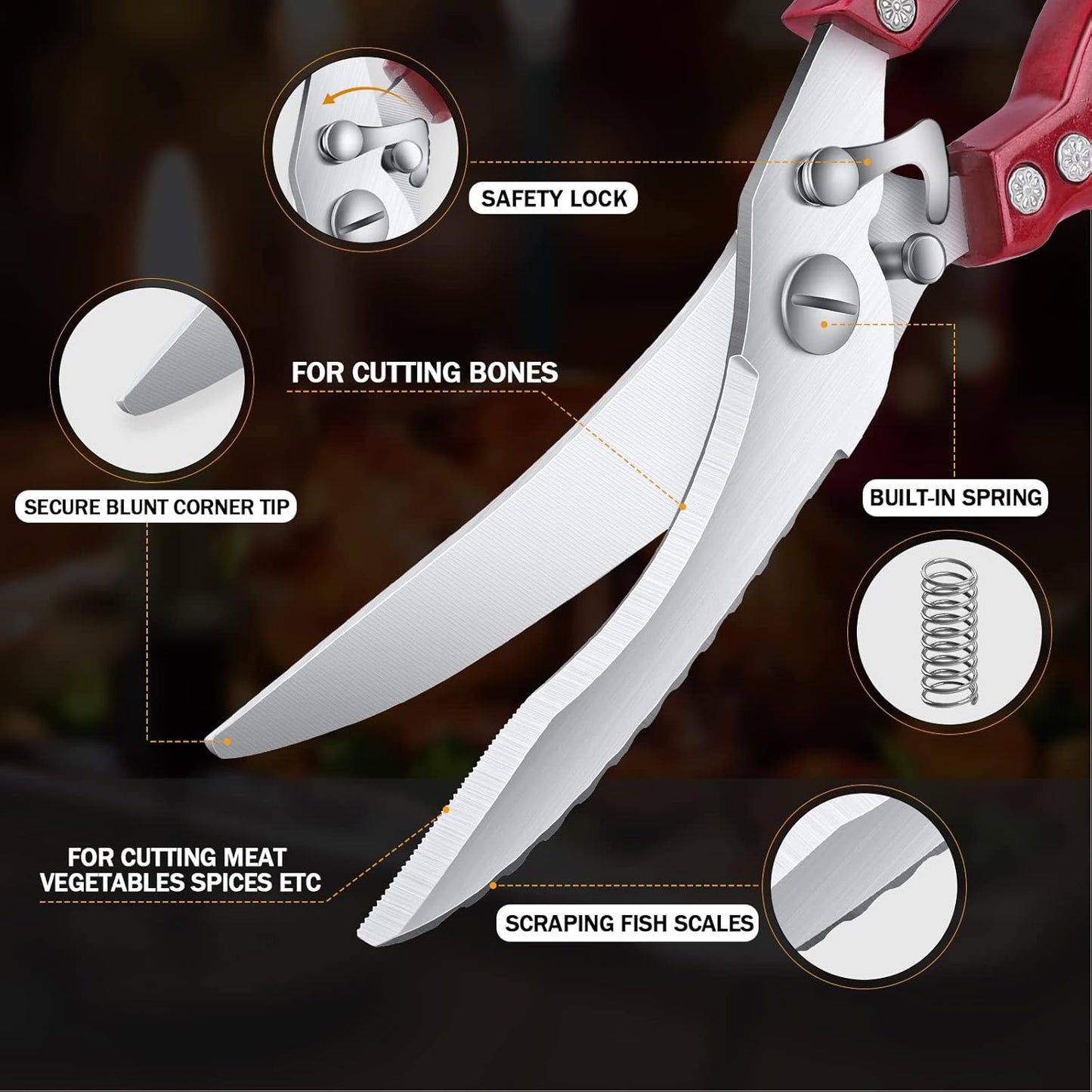 Poultry Shears, Red Heavy Duty Kitchen Shears with Serrated Edge, No Rust Spring Loaded, Multipurpose Stainless Steel Kitchen Scissors for Chicken Meat, Turkey, Fish