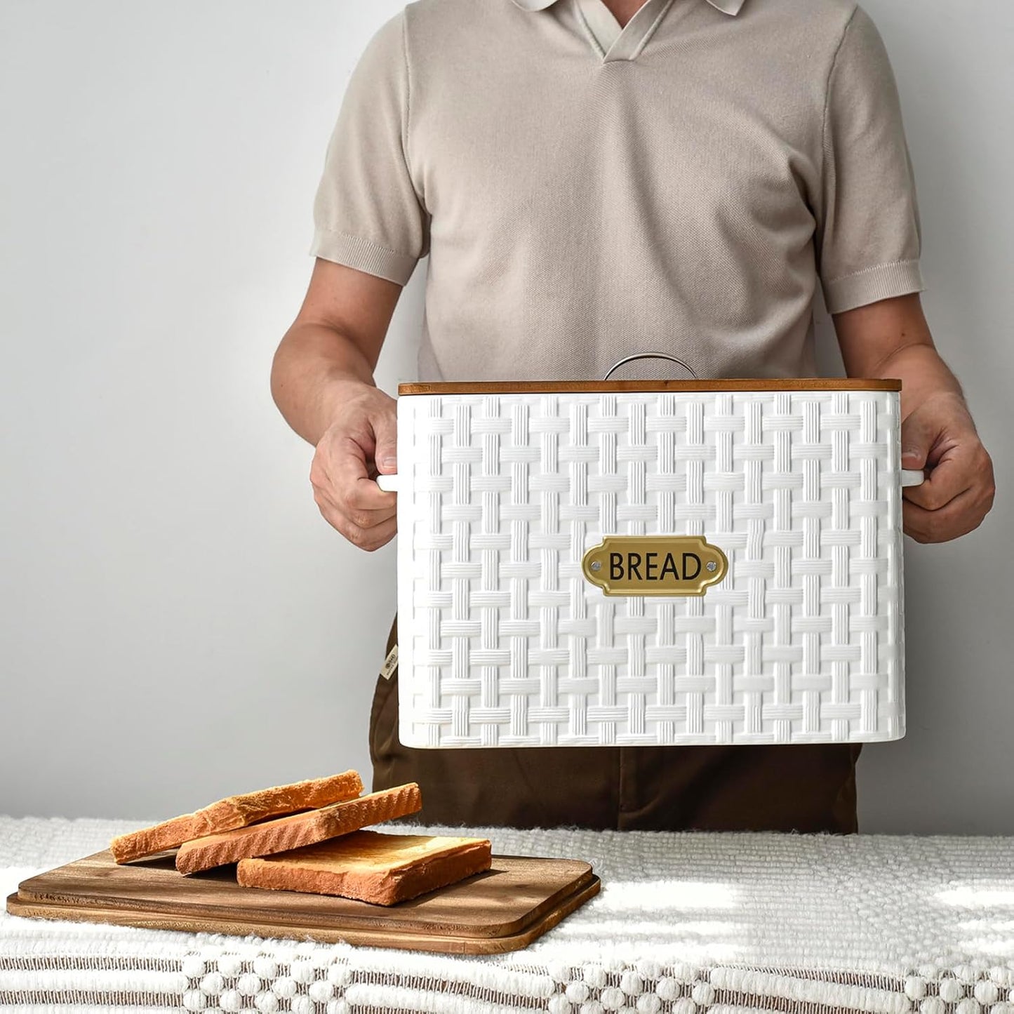 Extra Large Space Saving Farmhouse Bread Box With Wood Lid - Vertical Breadbox Bread Storage Bin Holder for Kitchen Countertop, White