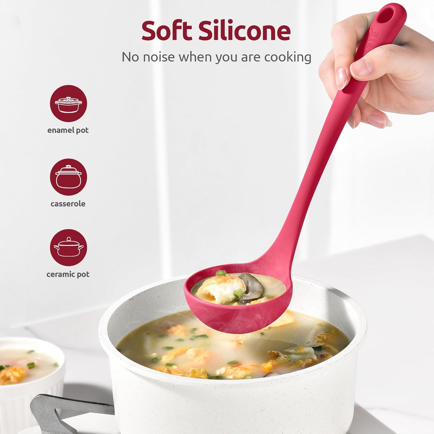 2.6oz Small Silicone Soup Ladle: U-Taste 600ºF Heat Resistant Non-Stick Kitchen Deep Serving Spoon, Soft Cooking Utensil with Non-Slip Solid Handle for Mixing Sauce Stew Gravy (11in, Red)