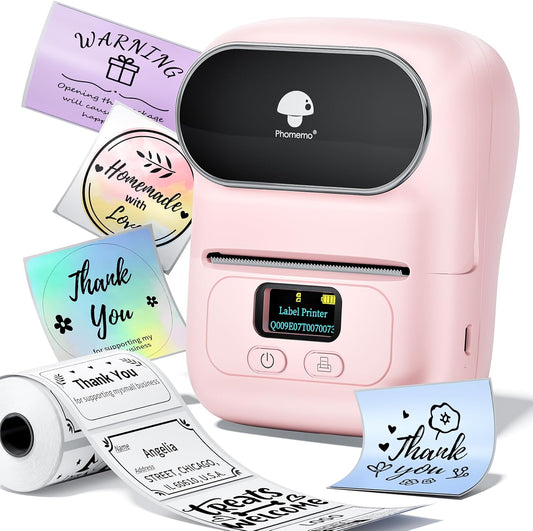 Phomemo Thermal Label Maker - M110 Barcode Label Printer Portable Bluetooth Labeler Maker Machine for for Small Business, Address, Logo, Clothing, Mailing, with 40x30mm Label, Pink