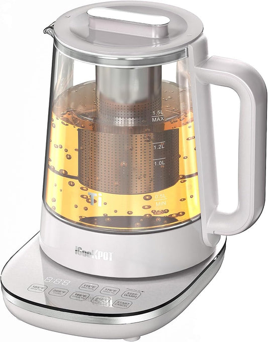 Titanium & Stainless Steel Electric Kettle with Tea Infuser and Temperature Control,1.5L Glass Tea Maker,1500W Rapid Boiling,Programmable Control for your Favorite Teas and Coffee-Grey