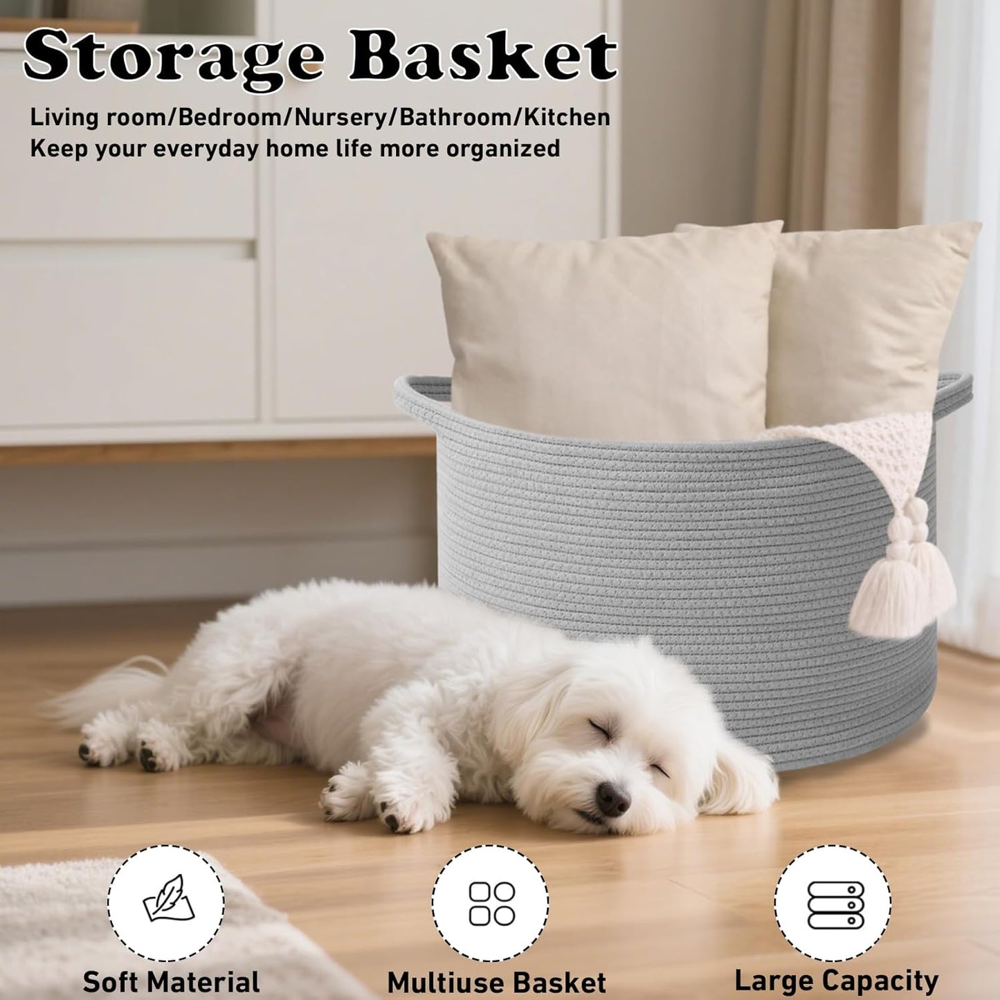 Large Blanket Basket for Organizing,65L Closet Organizers and Storage Bins Box for Shelves Woven Rope Storage Baskets,Living Room,Bedroom,Dorm,Laundry room (Light Grey)