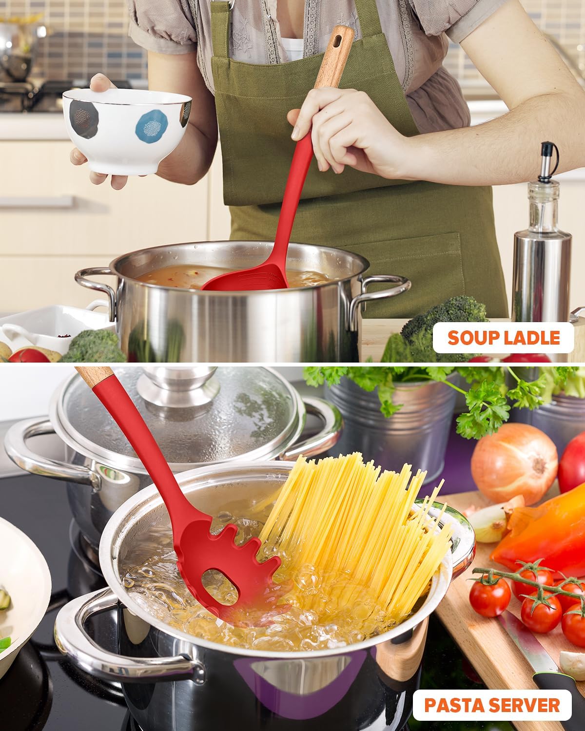 Pasta Fork and Ladle Set, Perfect for Serving Hot Soup, Stirring, and Sauce Pasta, BPA-Free Matte Silicone, Wood Handle Spaghetti Spoon for Nonstick Cooking Surfaces (Red)