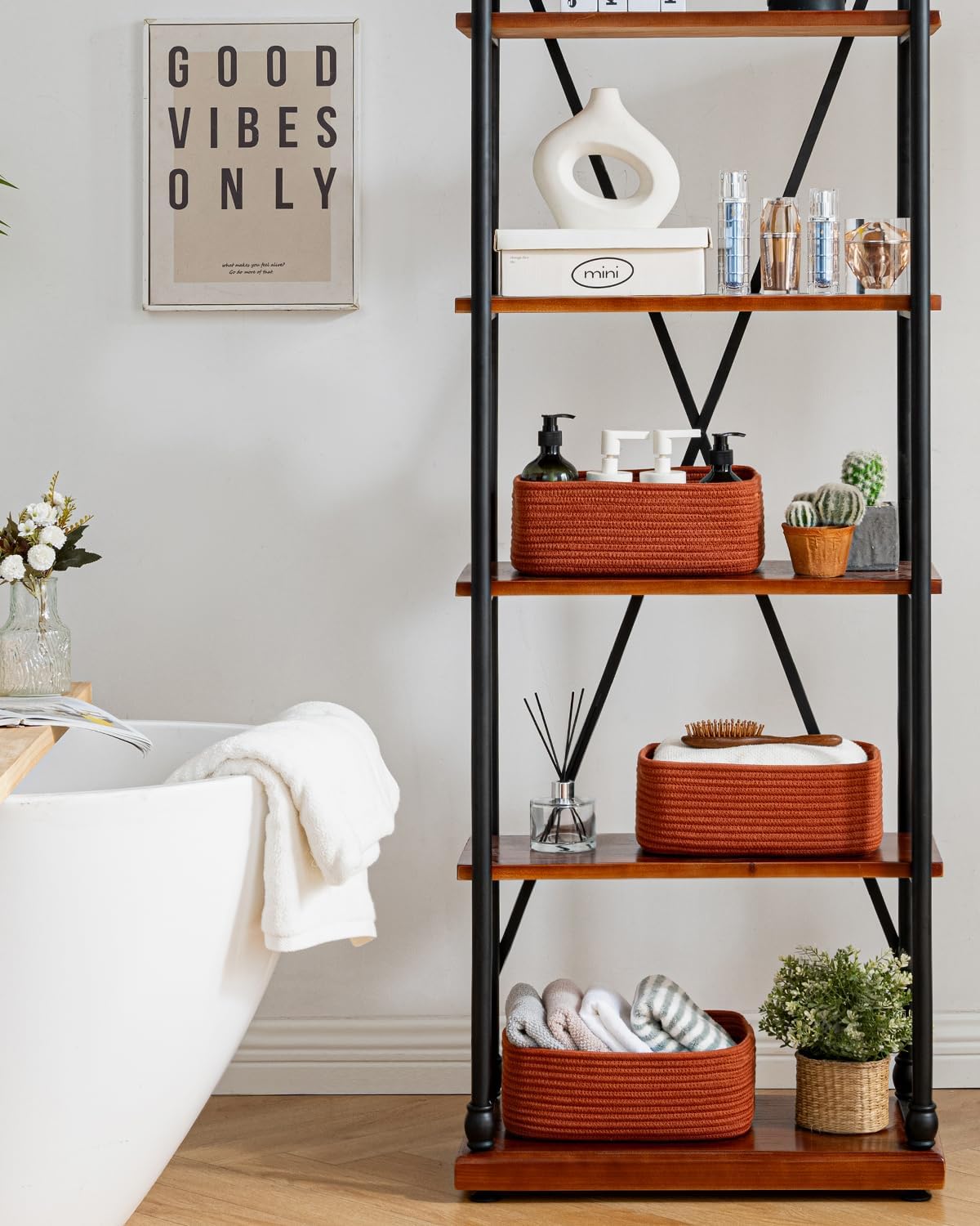 Small Woven Basket, 12 x 8 x 4.5 Inches, Storage Basket for Organizing, Cute Small Rope Shelf Closet Cube Storage Bins Baskets for Shelves, Dog Toy Gift Baskets Empty, 3 Pack Rust Red