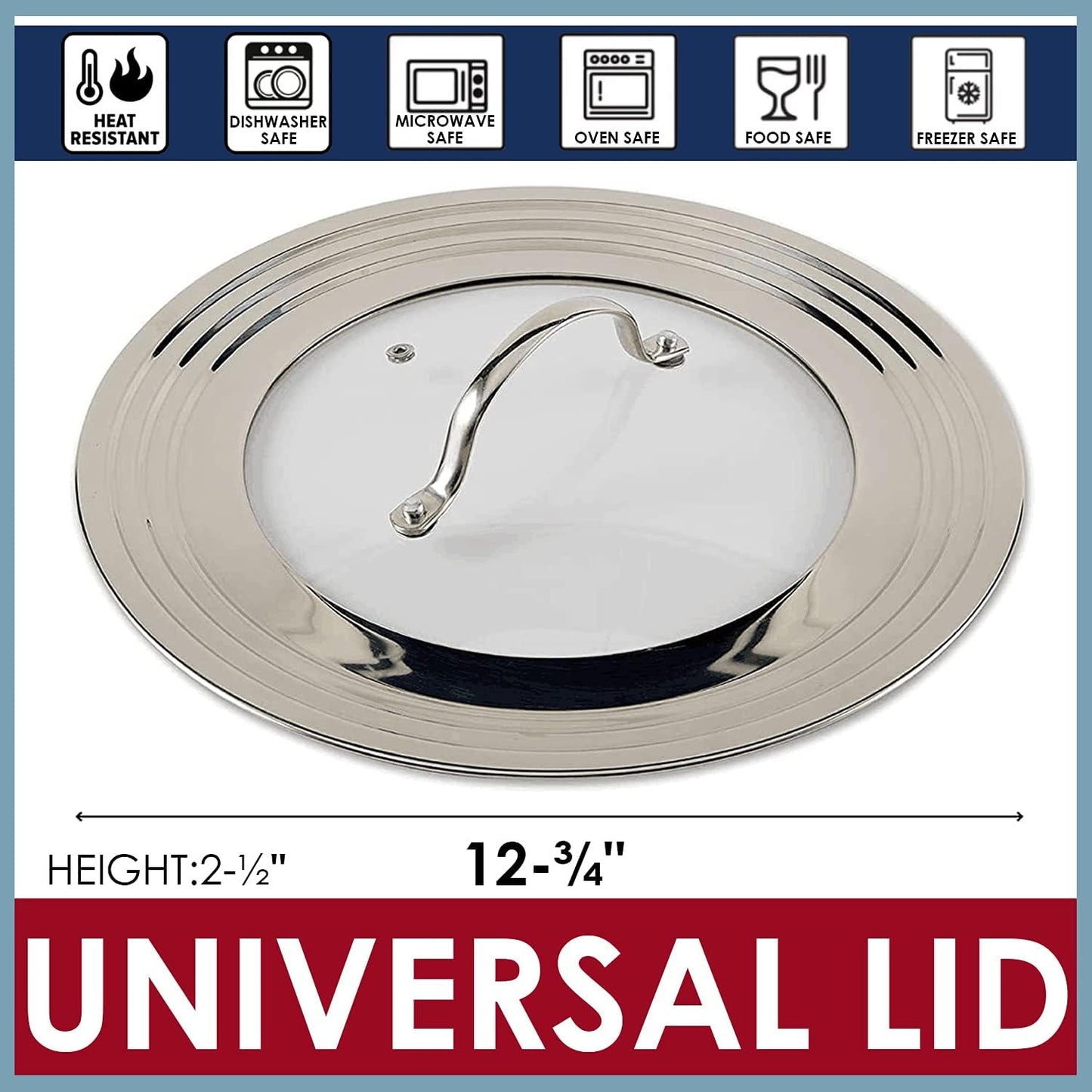 Stainless Steel Universal Lid for Pots, Pans and Skillets - Fits 7" to 12" Pot and Pans - Tempered Glass with Stainless Steel Rim Replacement Frying Pan Cover and Cast Iron Skillet Lid