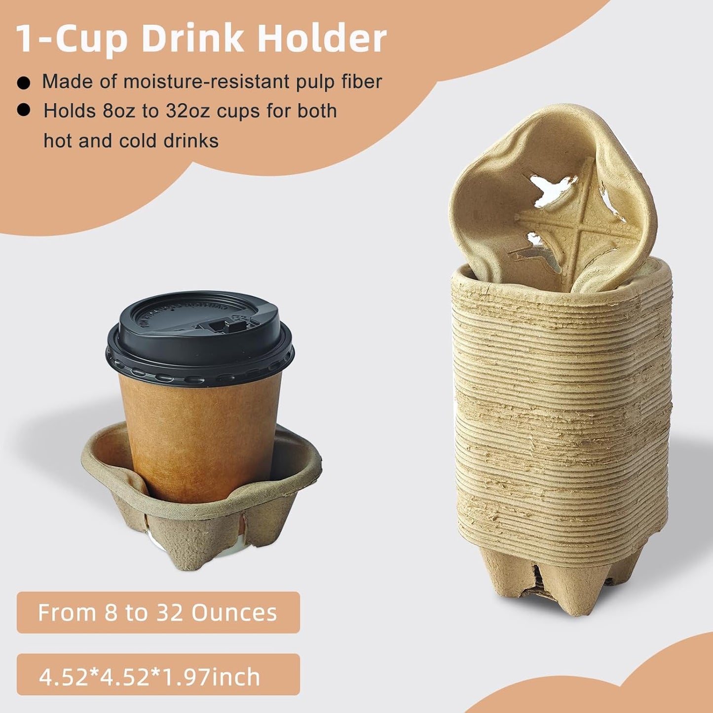 Coffee Cup Holder Disposable Cup Holder Tray, One Cup Carrier Tray 200 Pack,Biodegradable, Eco-Friendly Drink Carrier For Delivery Of Hot Or Cold Drinks(One-cup size tray)