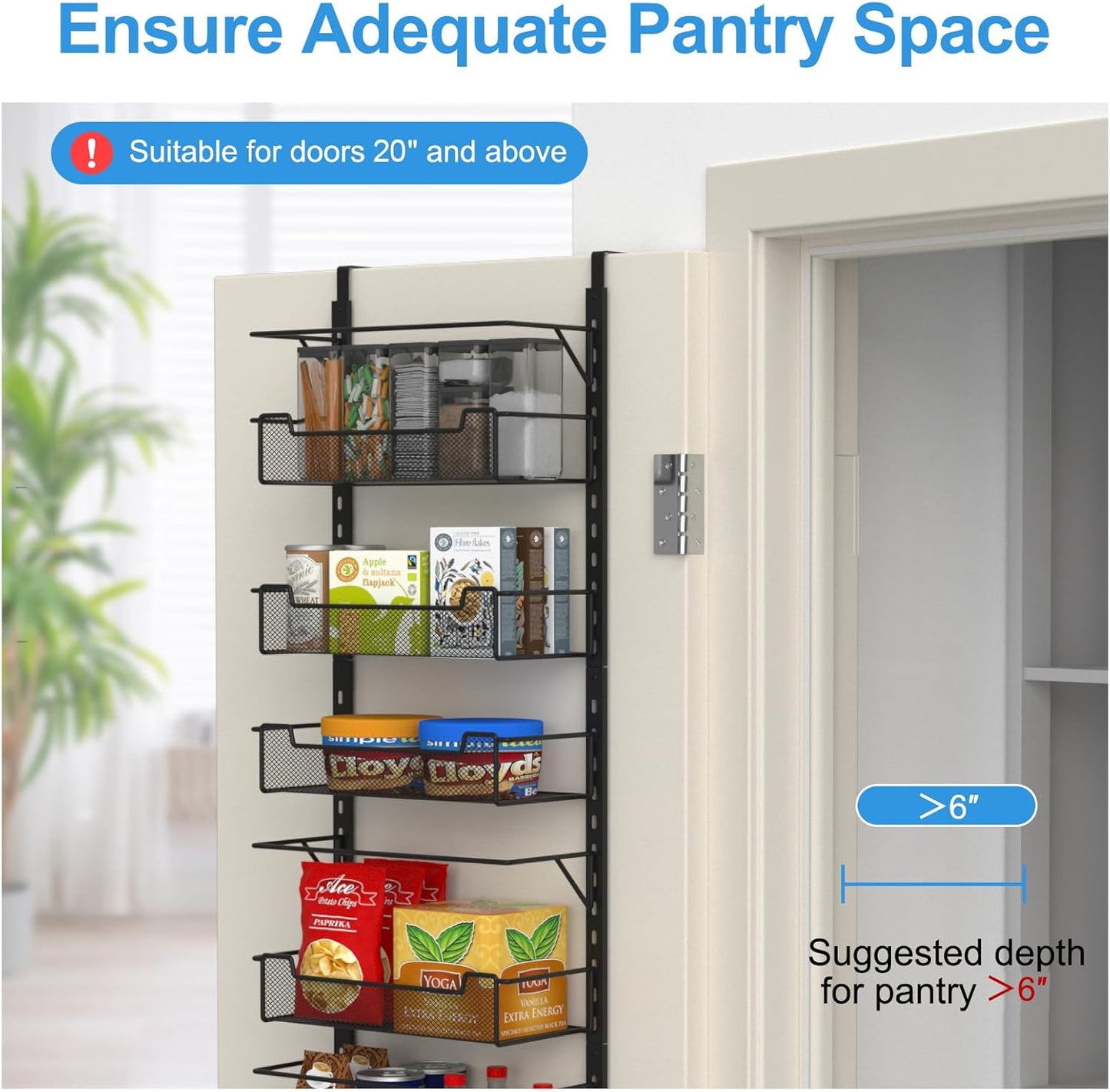 Over the Door Pantry Organizer, 6-Tier Over the Door Organizer with Adjustable Basket, Pantry Door Organization for Pantry Kitchen Storage Room Spice Rack, Black