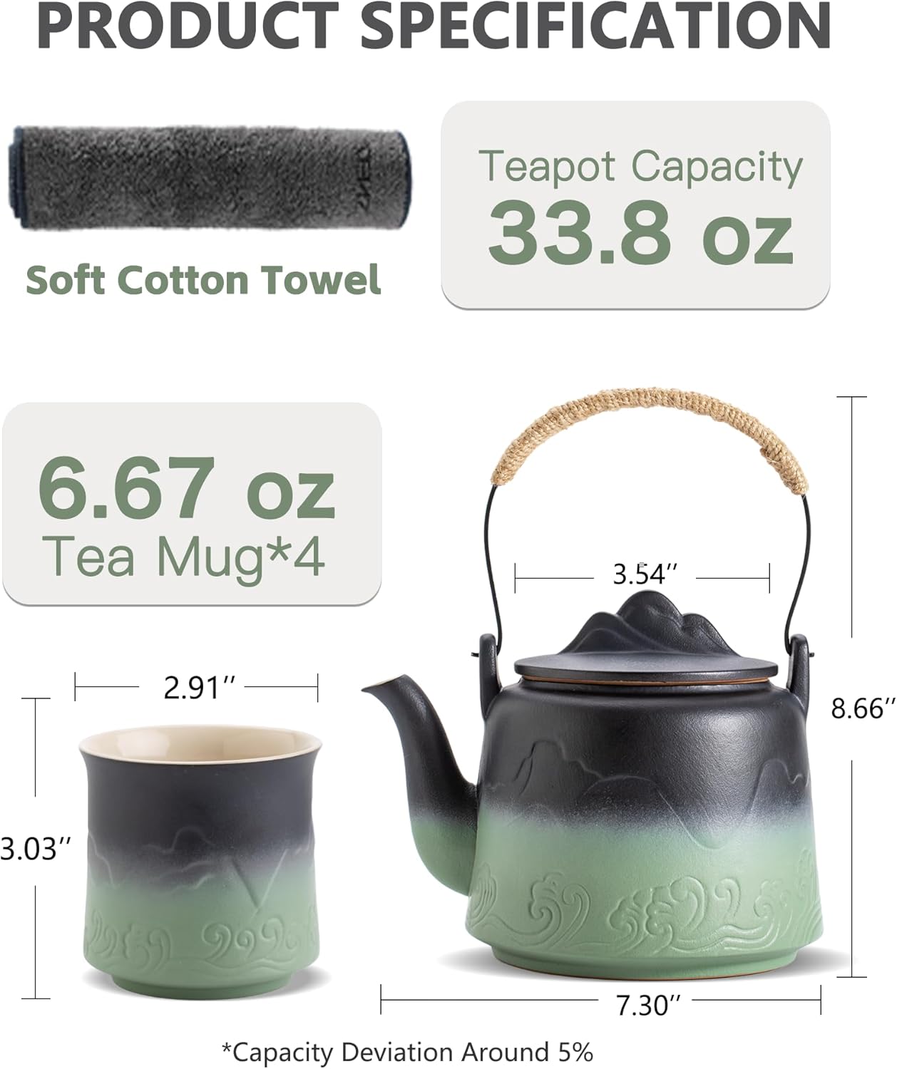 ZENS Vintage Japanese Tea Set with 4 Tea Cups, 33.8 oz Embossed Ceramic Loose Leaf Teapot with Built-in Strainers for Tea Steeper, Hemp Rope Handle Gradient Japanese Tea Pot for Tea Lovers Gifts