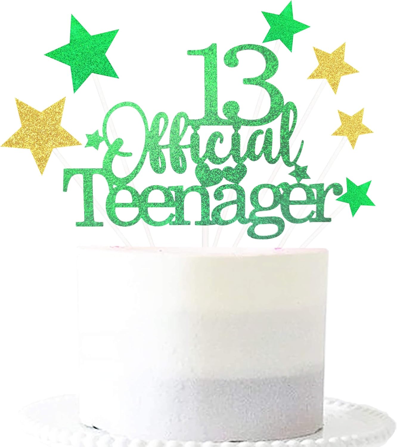 Glittery 13 Ofiicial Teenager Cake Topper with Star,13th Happy Birthday Cake Topper Party Decorations Party Supplies for Boys Girls Green Gold