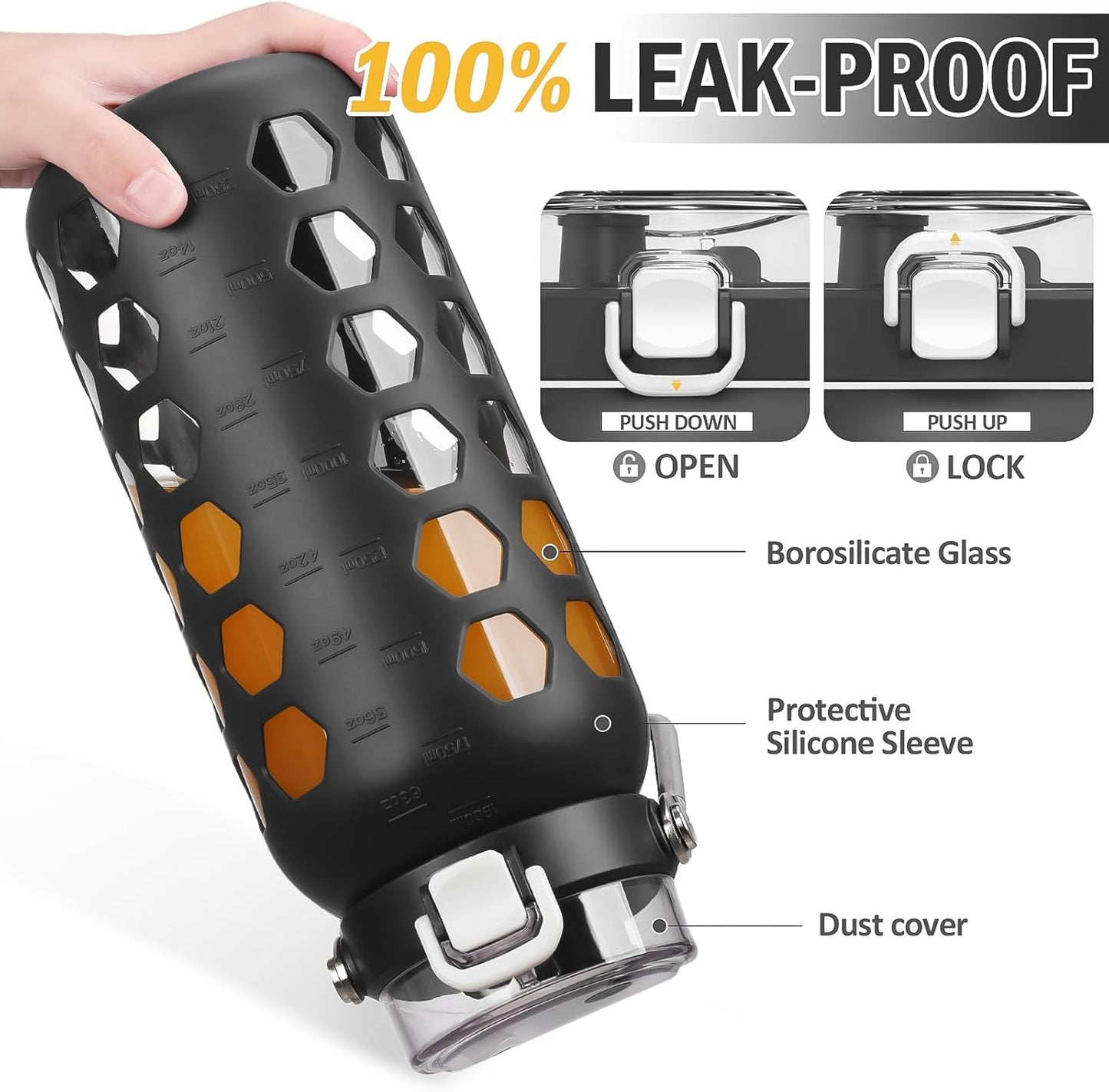 MUKOKO 64oz Glass Water Bottles with Straw and Lid,Half Gallon Water Bottle with Time Marker,Large Glass Water Jug with Silicone Sleeve and Stainless Steel Handle-Black