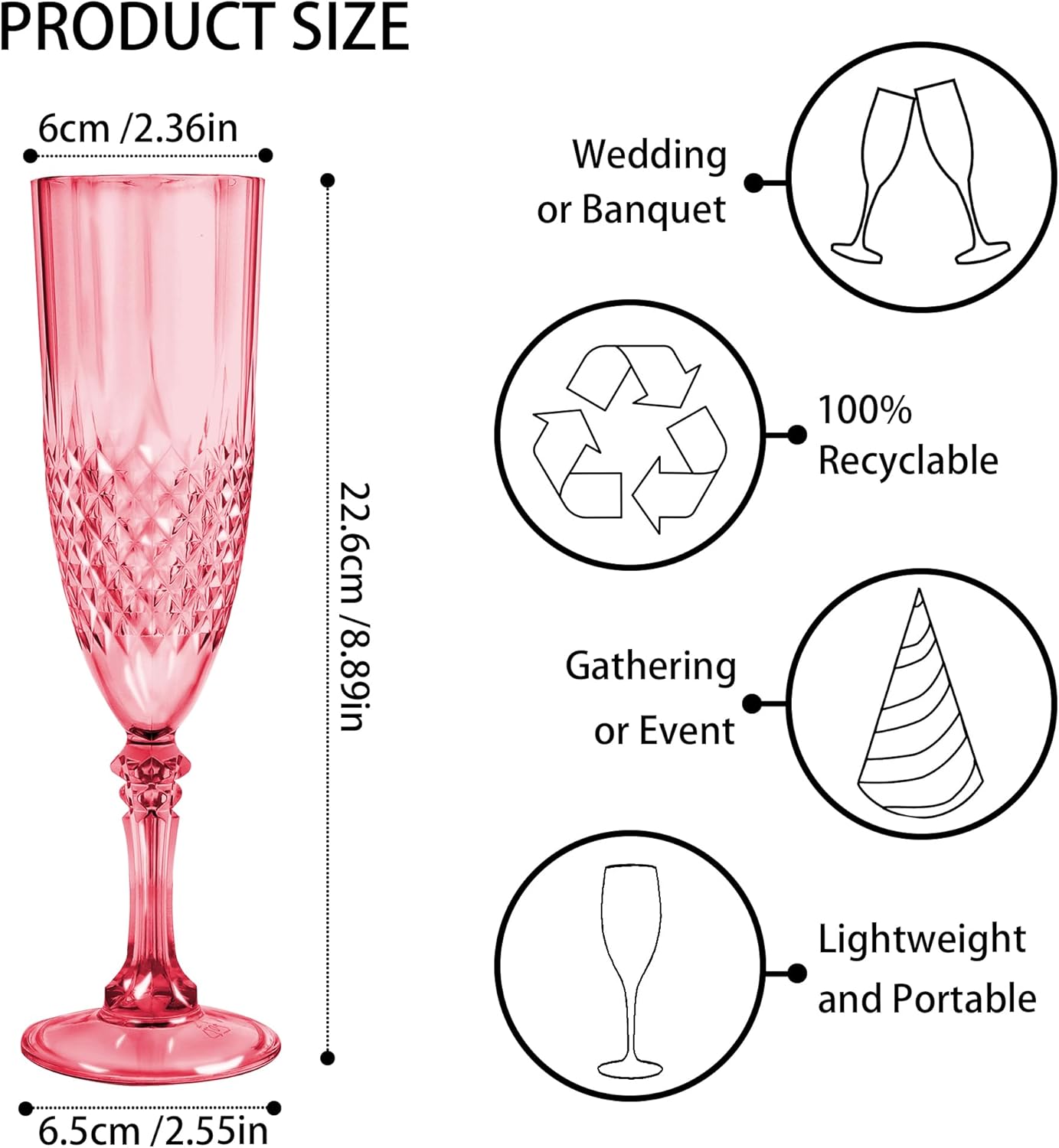 Plastic Champagne Flutes, 12PCS Red Plastic Wine Glasses Goblets Reusable Champagne Flute for Weddings, Bachelor Parties, Toasting, and Events(12,Red)