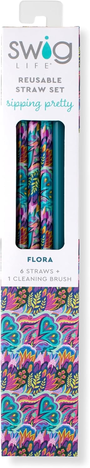 Swig Life Reusable Straws Bazaar + Teal Tall Straw Set & Cleaning Brush, Each Straw is 10.25 inch Long (Fits Swig Life 20oz Tumblers, 22oz, and 32oz Tumblers)