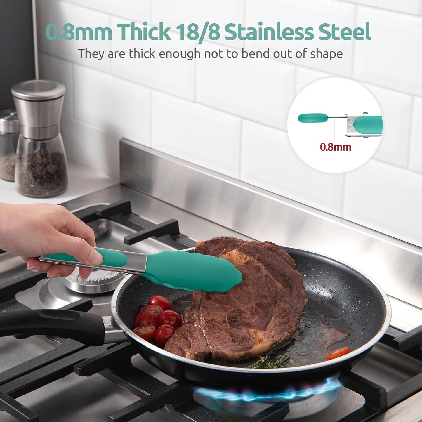 480ºF Heat Resistant Kitchen Tong: U-Taste 7in Silicone Cooking Tong with Firm Sealed Non Stick Rubber Tips & Silicon Coated 18/8 Stainless Steel Handle & Smooth Locking for Serving Salad (Aqua Sky)