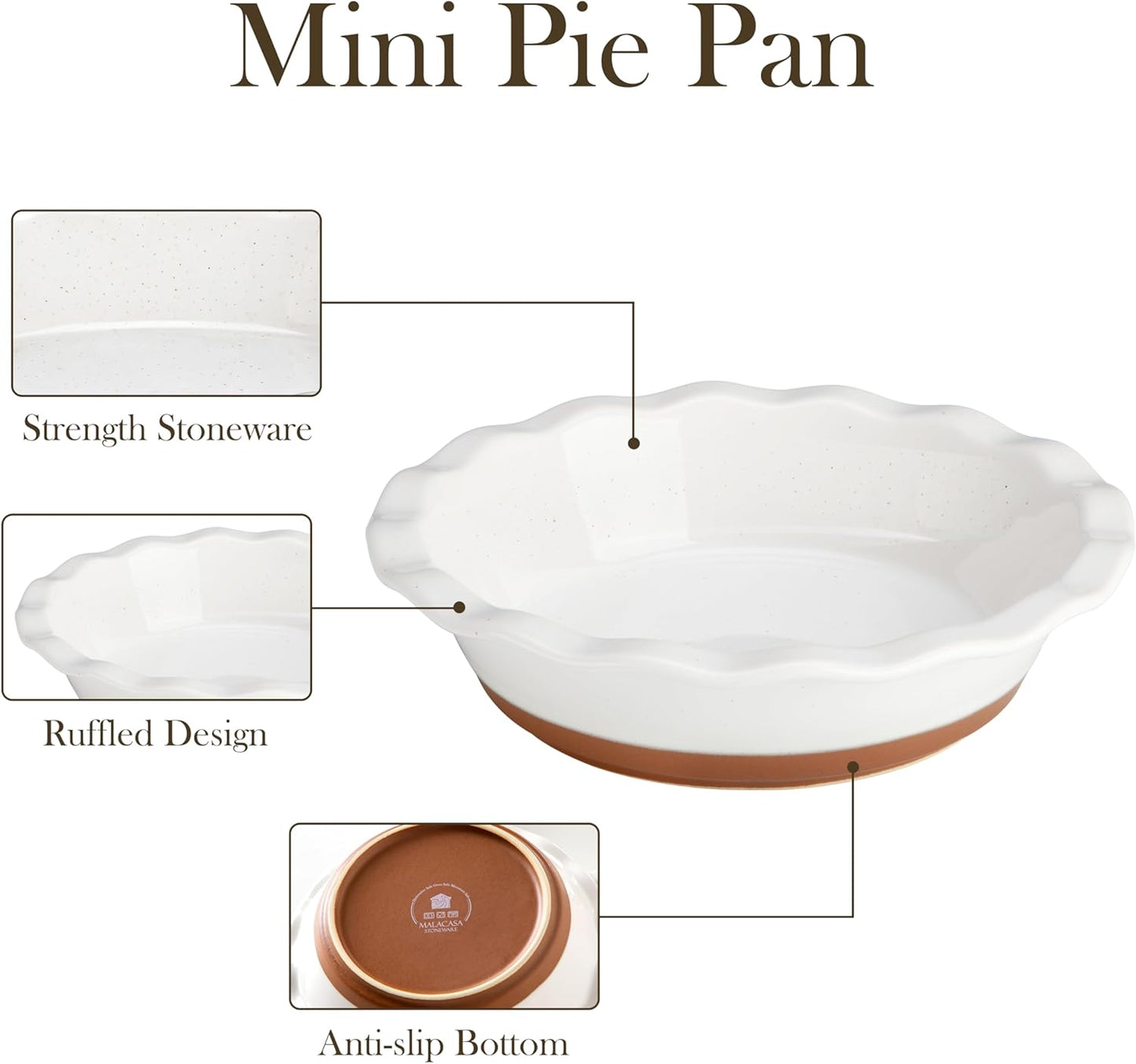 MALACASA Ceramic Mini Pie Pans Set of 6, 6 Inch Pie Plates for Baking with Ruffled Edge, Small Quiche Baking Dish Pans Tart Pans, Individual Pot Pie Plates, Microwave & Oven Safe, Khaki White