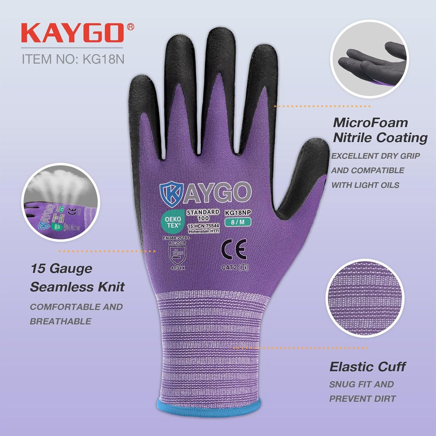 KAYGO Safety Work Gloves MicroFoam Nitrile Coated, 3 Pairs KG18NB,Seamless Knit Nylon Glove for Men and Women, Ideal for Automotive,Warehouse,Construction (L,Purple)