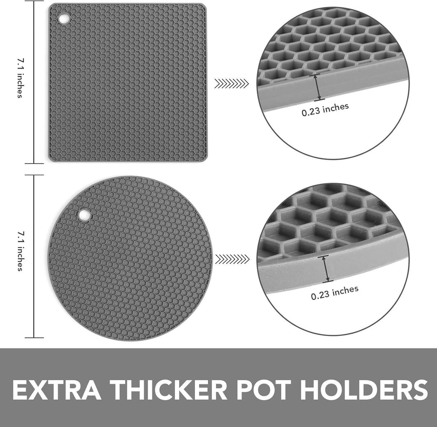 Joyhalo Trivets for Hot Dishes - Hot Pads for Kitchen, Silicone Pot Holders for Hot Pots and Pans, Silicone Mats for Kitchen Countertops, Table, Flexible Easy to Wash and Dry, Grey