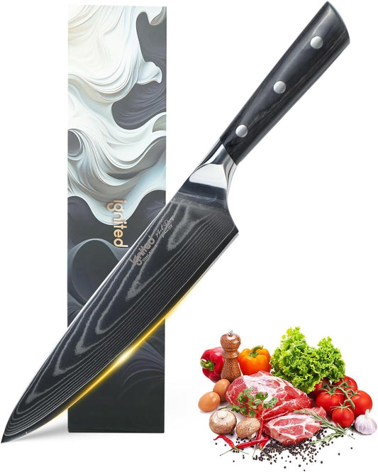 Damascus Chef Knife 8 Inch, Professional Chefs Knife With Japanese Aus-10 High Carbon Stainless Steel, Japanese Chef Knife With Black Pakkawood Handle, Chef's Kitchen Cutting Knife
