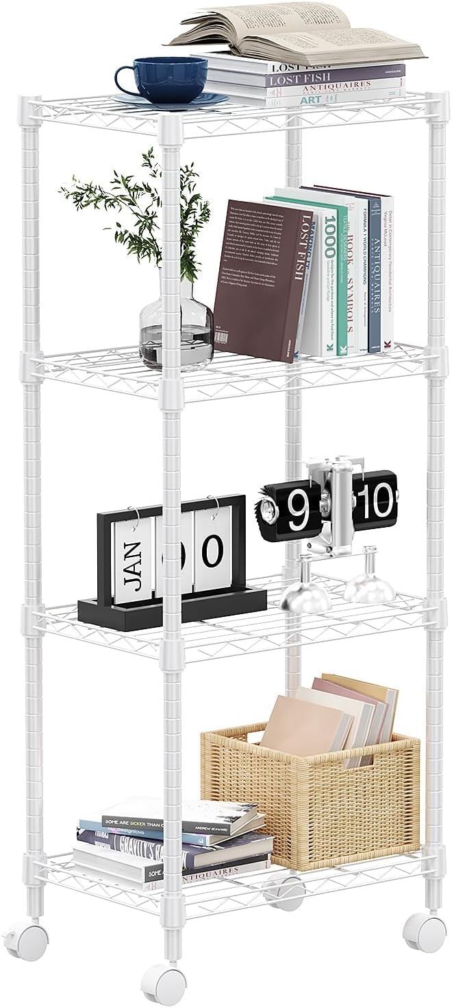 1000 lbs 4-Shelf Adjustable Heavy Duty Steel Wire Rack, Adjustable Storage Shelving Unit with Wheel for Kitchen, Garage, Laundry White 11.8" D x 17.7" W x 40.8" H