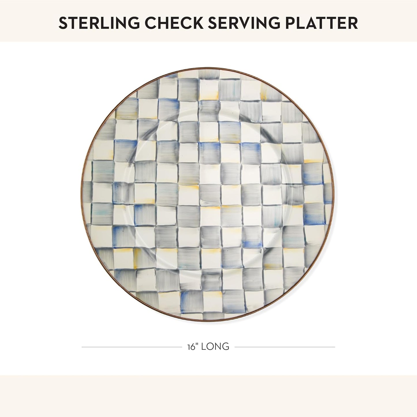 MACKENZIE-CHILDS Enamel Serving Platter, Decorative Serving Platter for Food, 16 Inches, Gray-and-White Sterling Check
