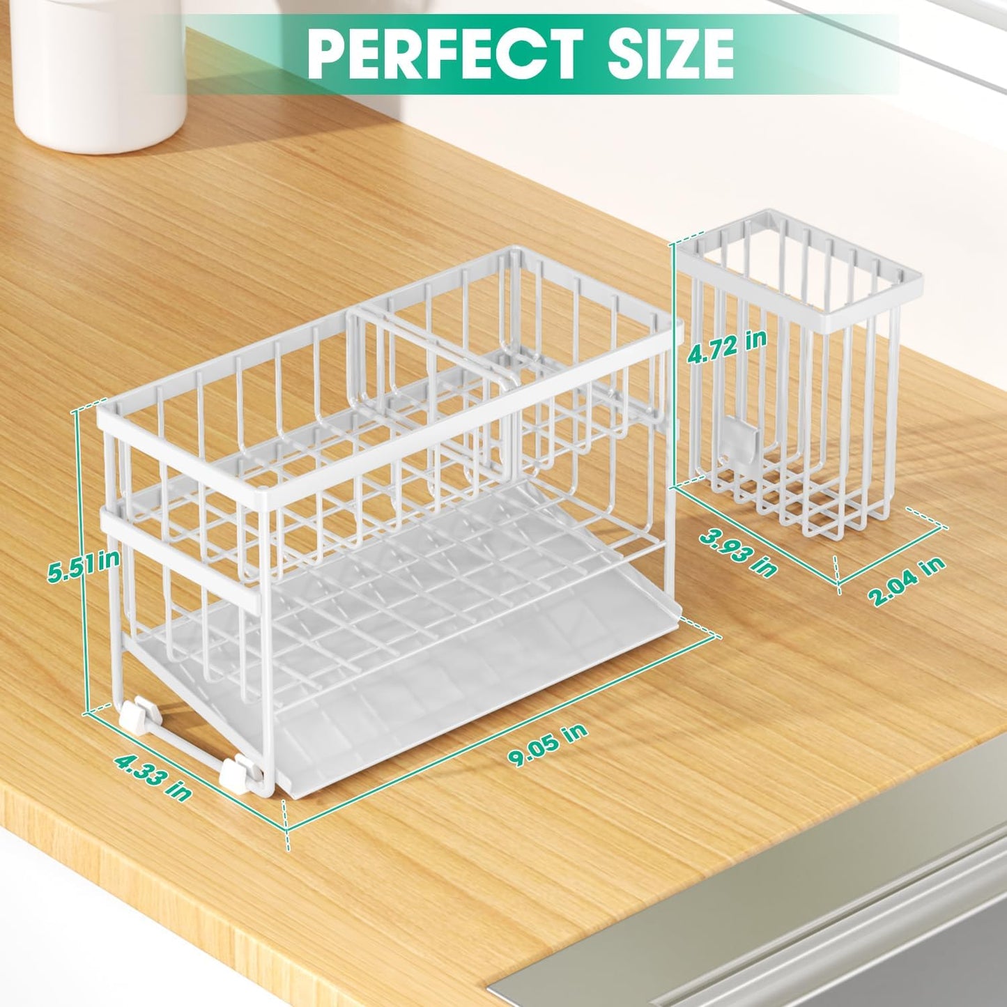 Sponge Holder for Kitchen Sink, 2 Tier Sink Caddy Organizer with High Brush Holder, Self-Draining Sponge Holder for Sinks, Soap Dispenser Organizer, Rustproof 304 Stainless Steel, White